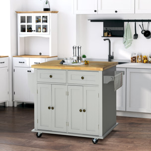 Isla de Cocina con Ruedas Carro de Cocina con 2 Cajones 4 Puertas Especiero Encimera de Madera y Barra Lateral para Comedor 111x44,5x82,5 cm Gris
