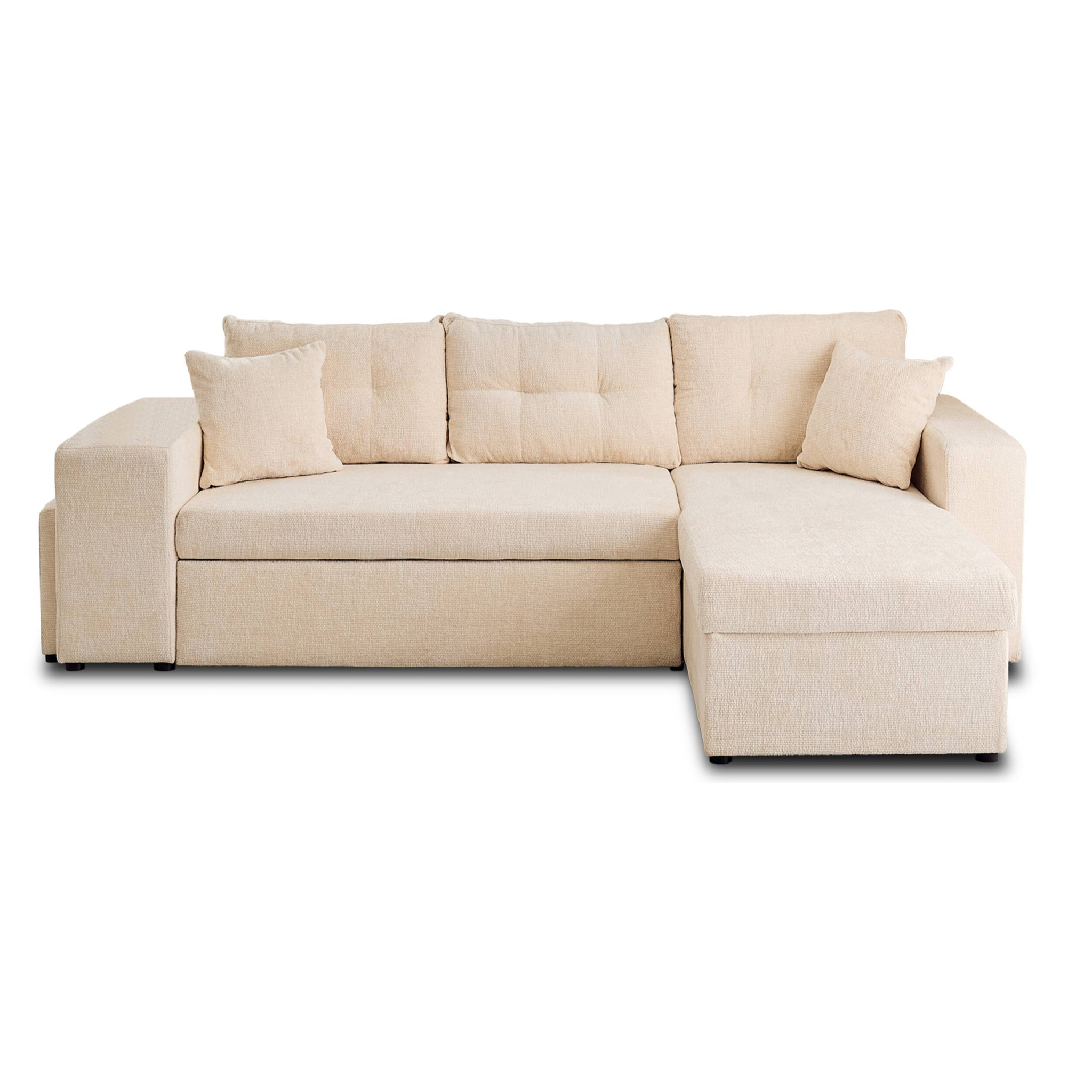 California - canapé d'angle réversible 4 places - convertible avec coffre, étagère et poufs - en velours texturé - Beige