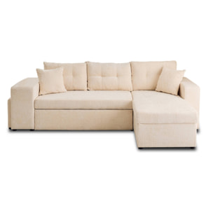California - canapé d'angle réversible 4 places - convertible avec coffre, étagère et poufs - en velours texturé - Beige