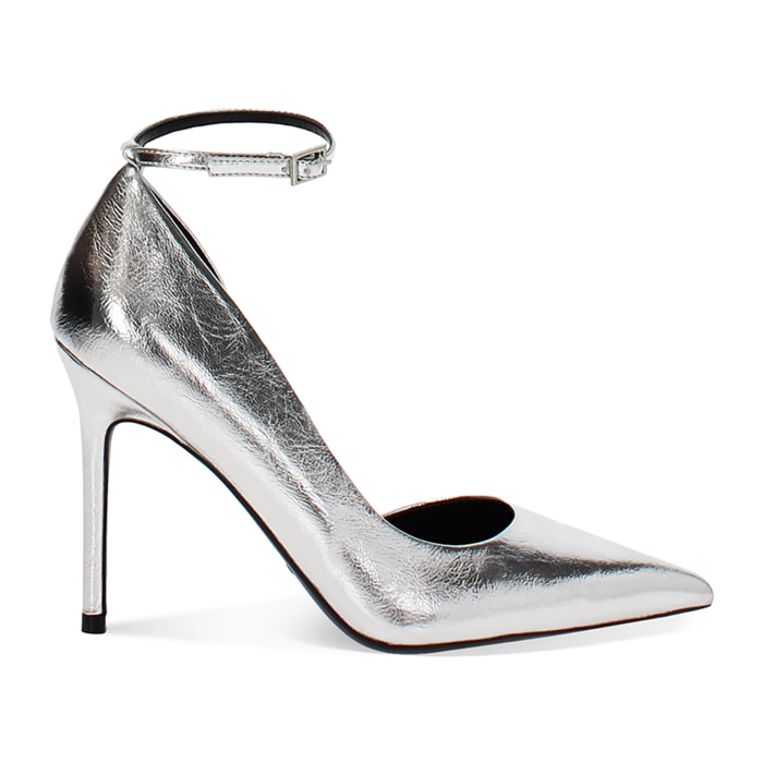Décolleté open shank argento con tacco 10,7 cm