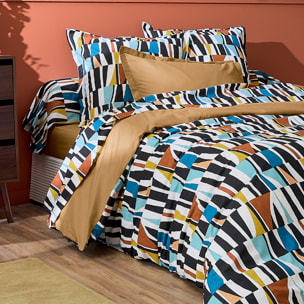 Housse de couette coton géométrique réversible uni - Noir