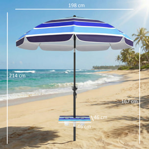 Sombrilla de Playa con Mesa Plegable y Portavasos Ø198 cm, Sombrilla de Terraza Exterior con Altura Ajustable, Inclinación, Bolsa de Transporte y Gancho, UV30+, Multicolor