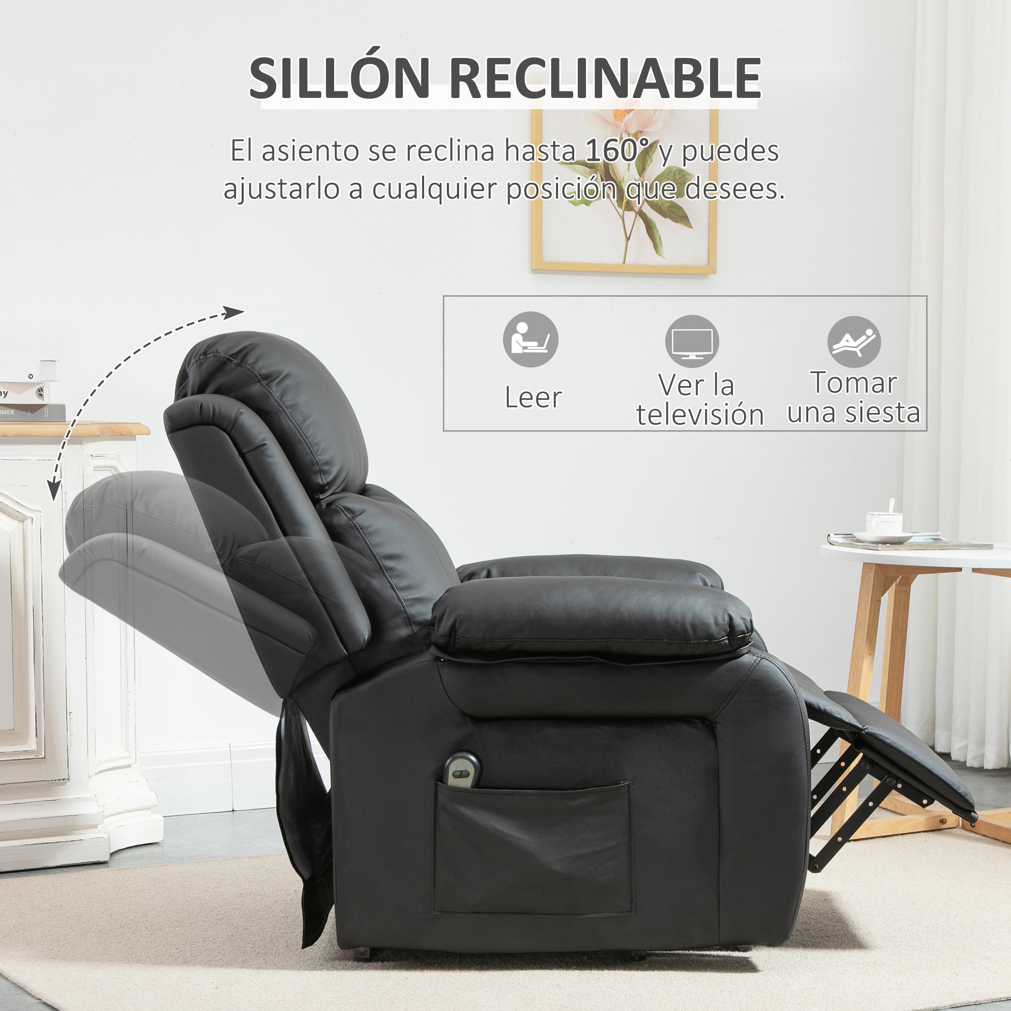 Sillón Relax Levanta Personas Auto-Ayuda con Control Remoto Reclinación Eléctrica 160° Reposapiés Respaldo Tapizado en PU y Bolsillos Laterales 76x90x105 cm Negro