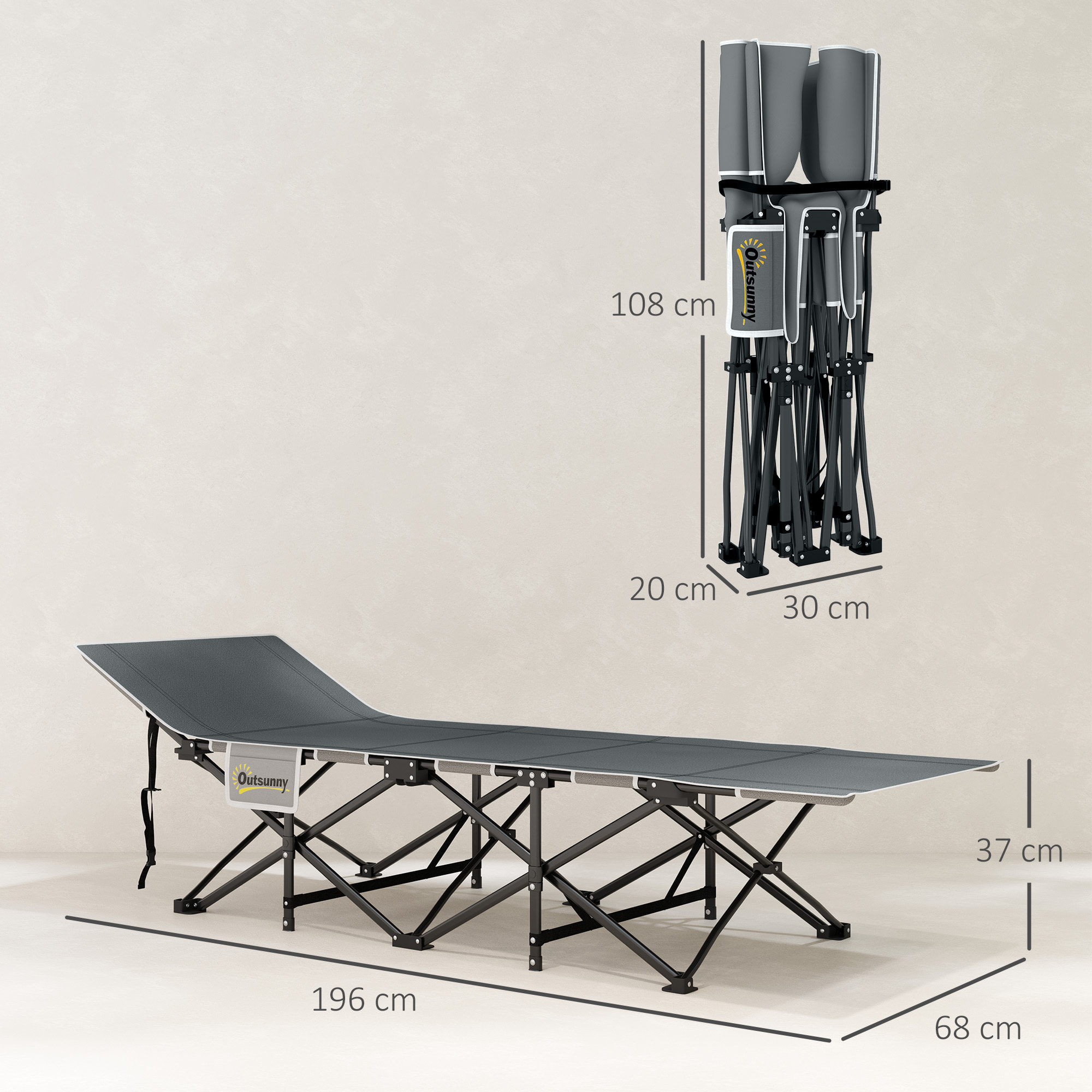 Cama Plegable Camping Cama de Acampada Portátil Tumbona de Camping 600D con Reposacabezas Colchón Extraíble y Bolsa de Transporte Carga 150 kg para Playa Senderismo 186x68x37 cm Gris Oscuro