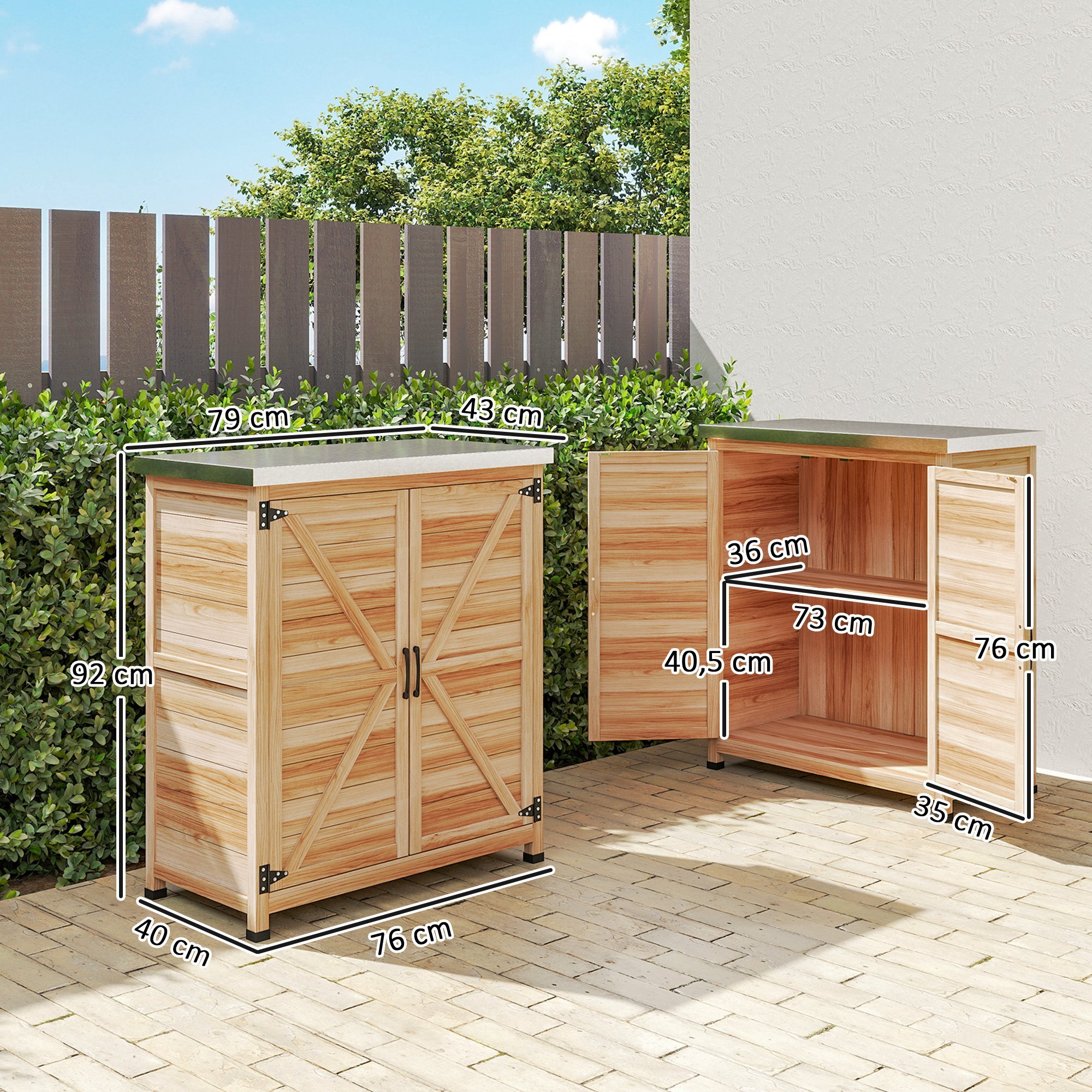 Armario de Exterior de Madera, Caseta de Jardín Exterior con Techo de Acero Galvanizado, Estante, 2 Puertas, Cobertizo de Jardín para Almacenamiento de Herramientas, 79x43x92 cm, Natural