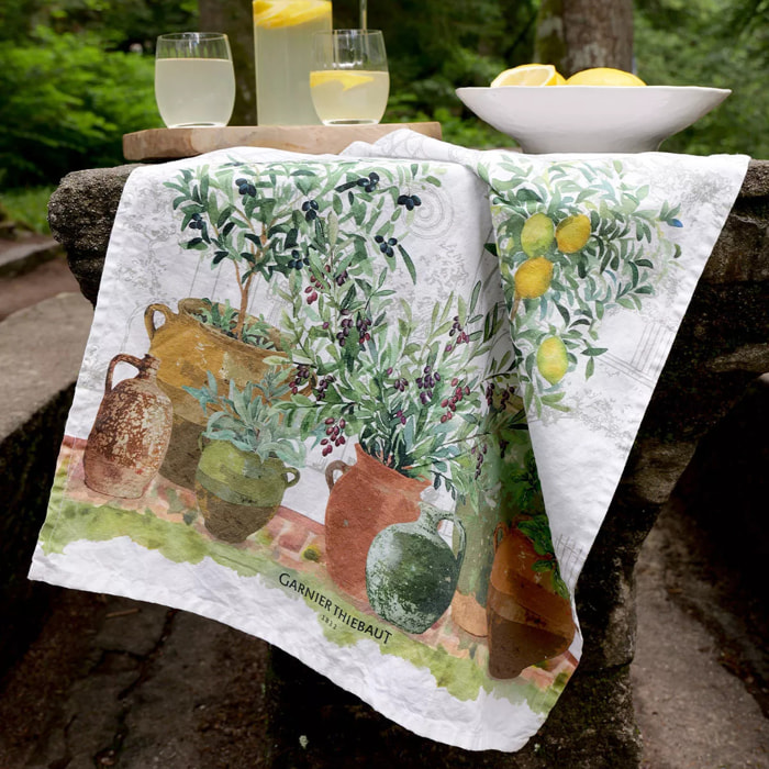 Torchon lin & coton lavé 190 g/m² imprimé vert marron Jardin provencal olive