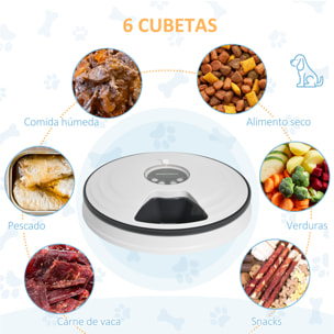 Alimentador Automático para Gatos y Perros Comedero Automático para Mascotas con Temporizador Pantalla LED Digital 6 Cuencos 128 ml y 4 Comidas al Día Ø30,5x7,2 cm Blanco