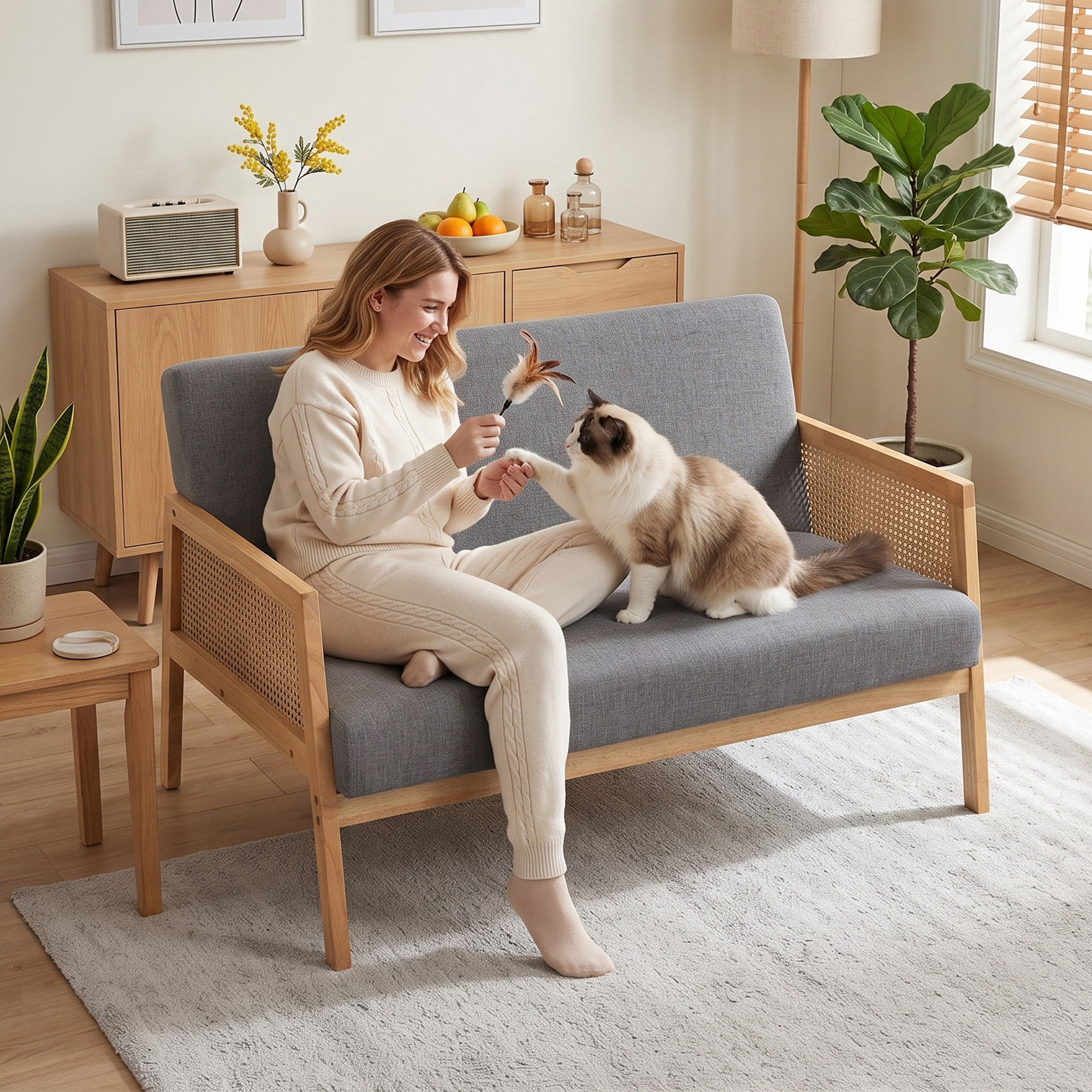 HOMCOM Sofá de 2 Plazas Tapizado en Lino Sintético con Detalles Ratán Sintético, Sofá Compacto Moderno con Estructura de Madera de Caucho, Carga 240 kg para Dormitorio, Salón, 115x77x77 cm, Gris Claro