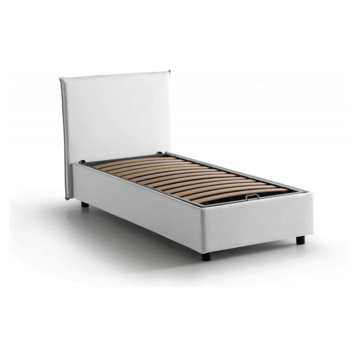 Letto singolo Argentino, Letto contenitore con rivestimento in tessuto, 100% Made in Italy, Apertura frontale, adatto per materasso Cm 80x190, Bianco