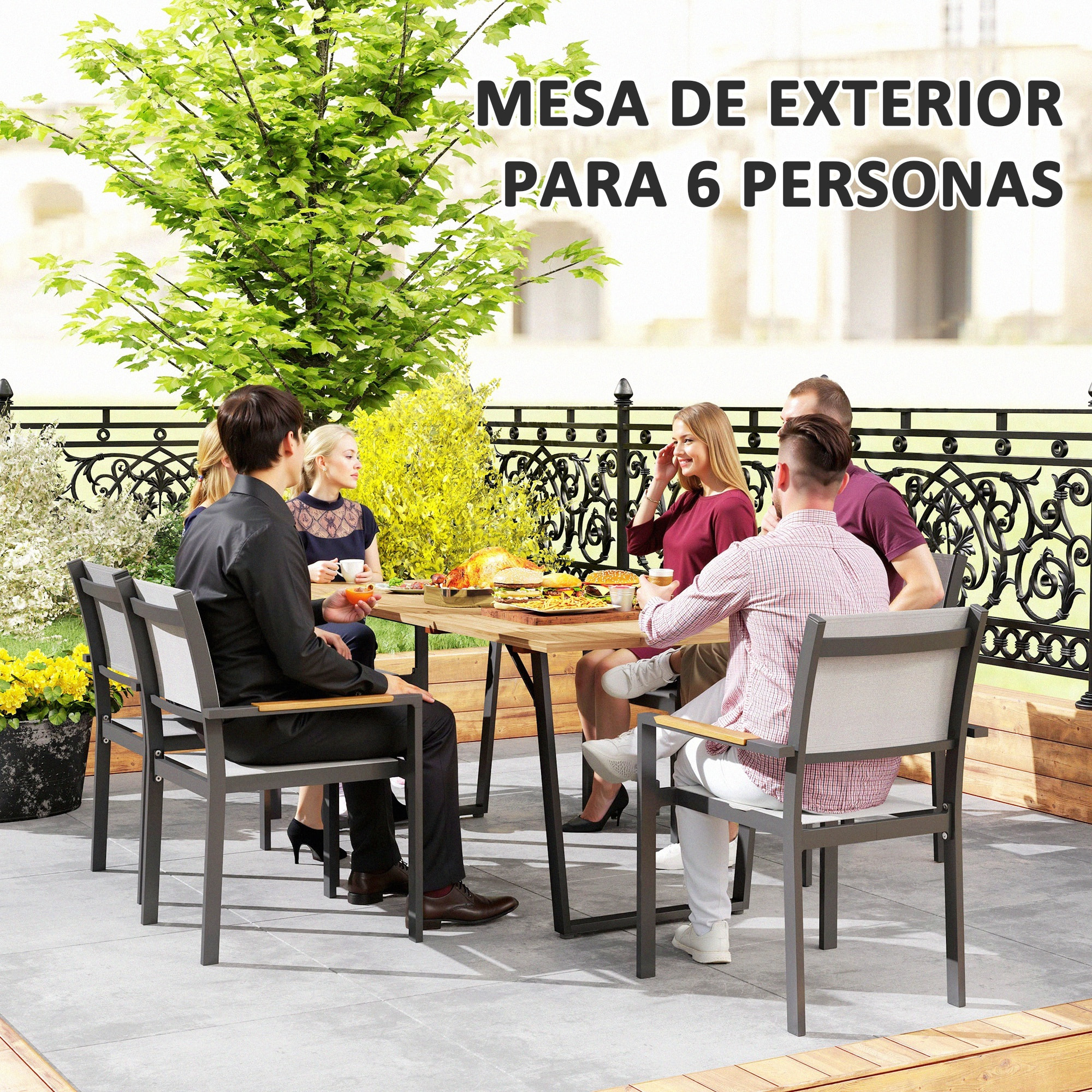 Mesa Comedor de Jardín de Madera Rectangular Mesa de Terraza Exterior 175x80x75 cm con Orificio para Sombrilla Estructura de Acero y Encimera de Listones para Patio Balcón Natural