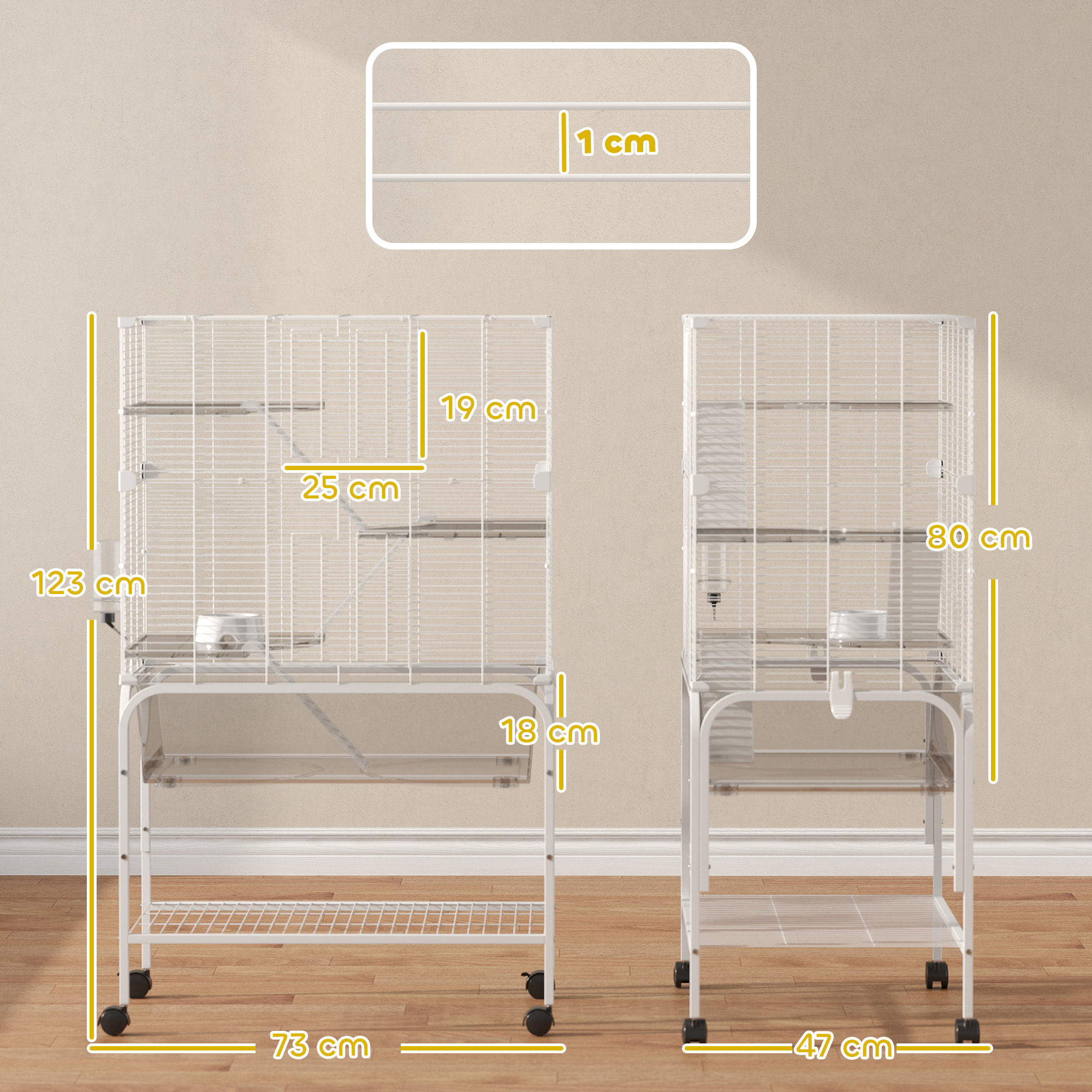 Jaula para Animales Pequeños de 4 Niveles con Ruedas Jaula para Roedores con Bandeja Profunda Rampas Plataformas Comedero y Bebedero Recinto para Chinchillas Hurones Hámster 73x47x123 cm Blanco