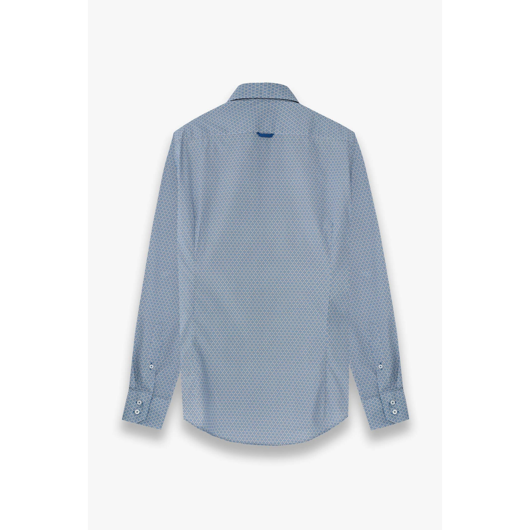 Camicia Uomo 2 Bottoni Button Down Slim Popeline Stampato Bianco/Celeste