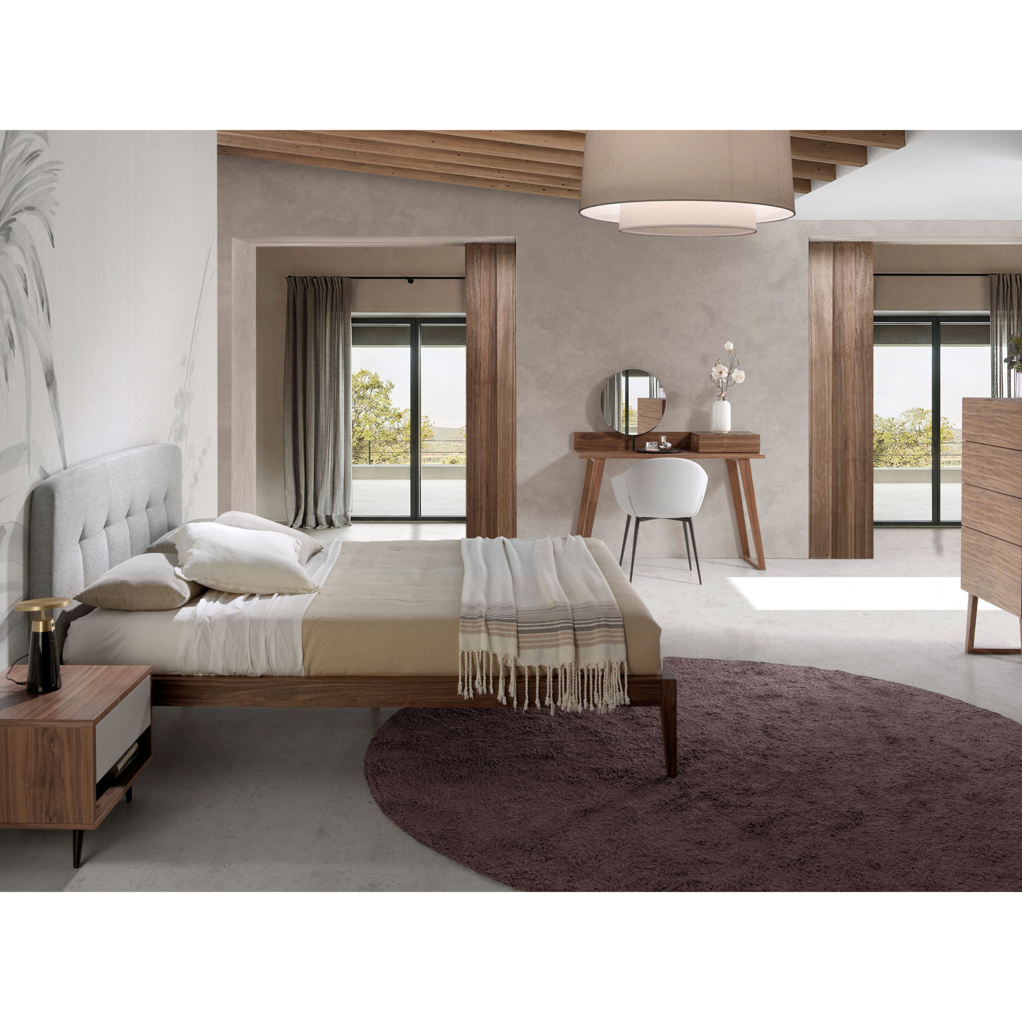 Cama Angel Cerdá capitoné de matrimonio con un cabecero en tela en gris y de madera chapada en nogal natural 172x217x98cm