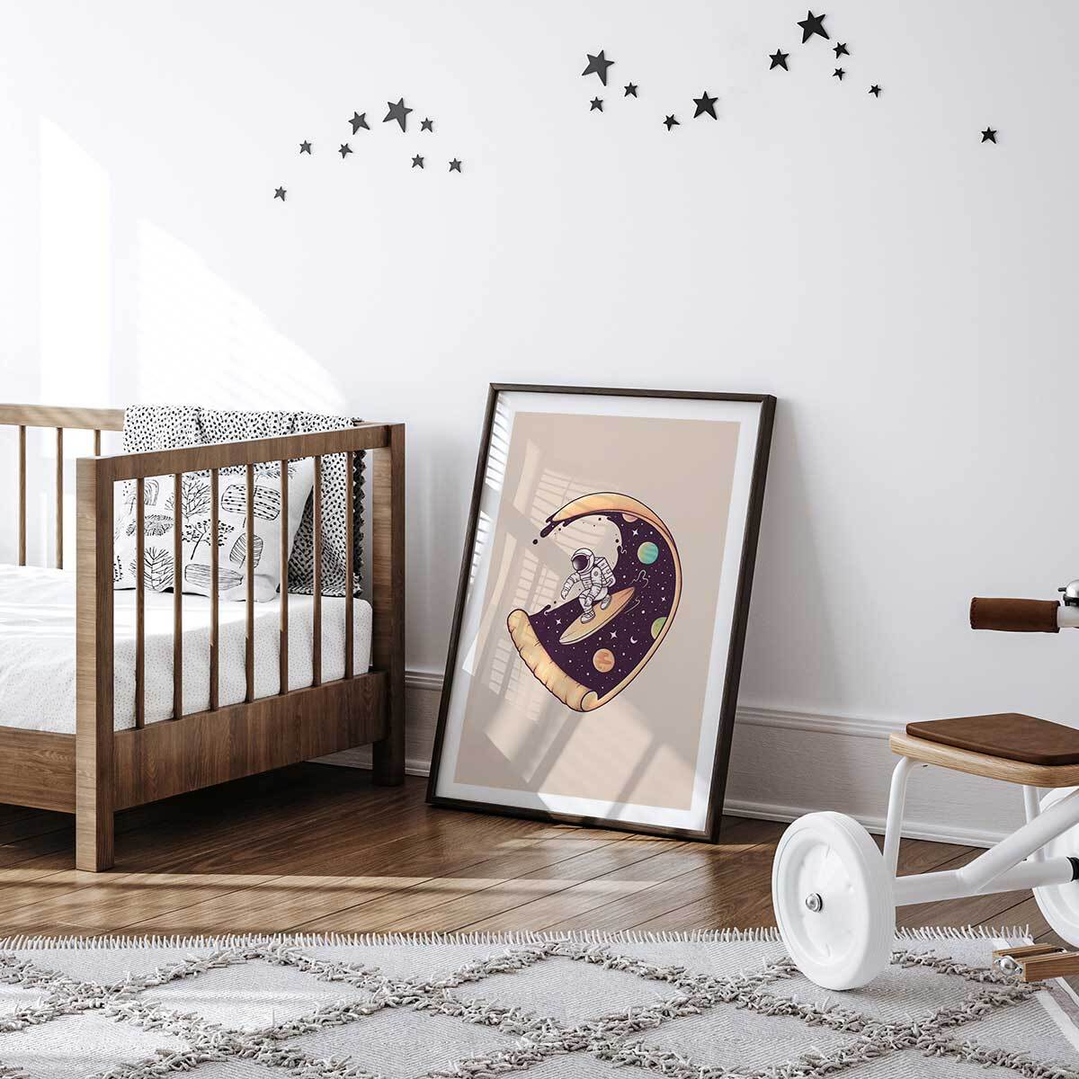 Affiche enfant surf en cosmos  Affiche + cadre en bois - Noir