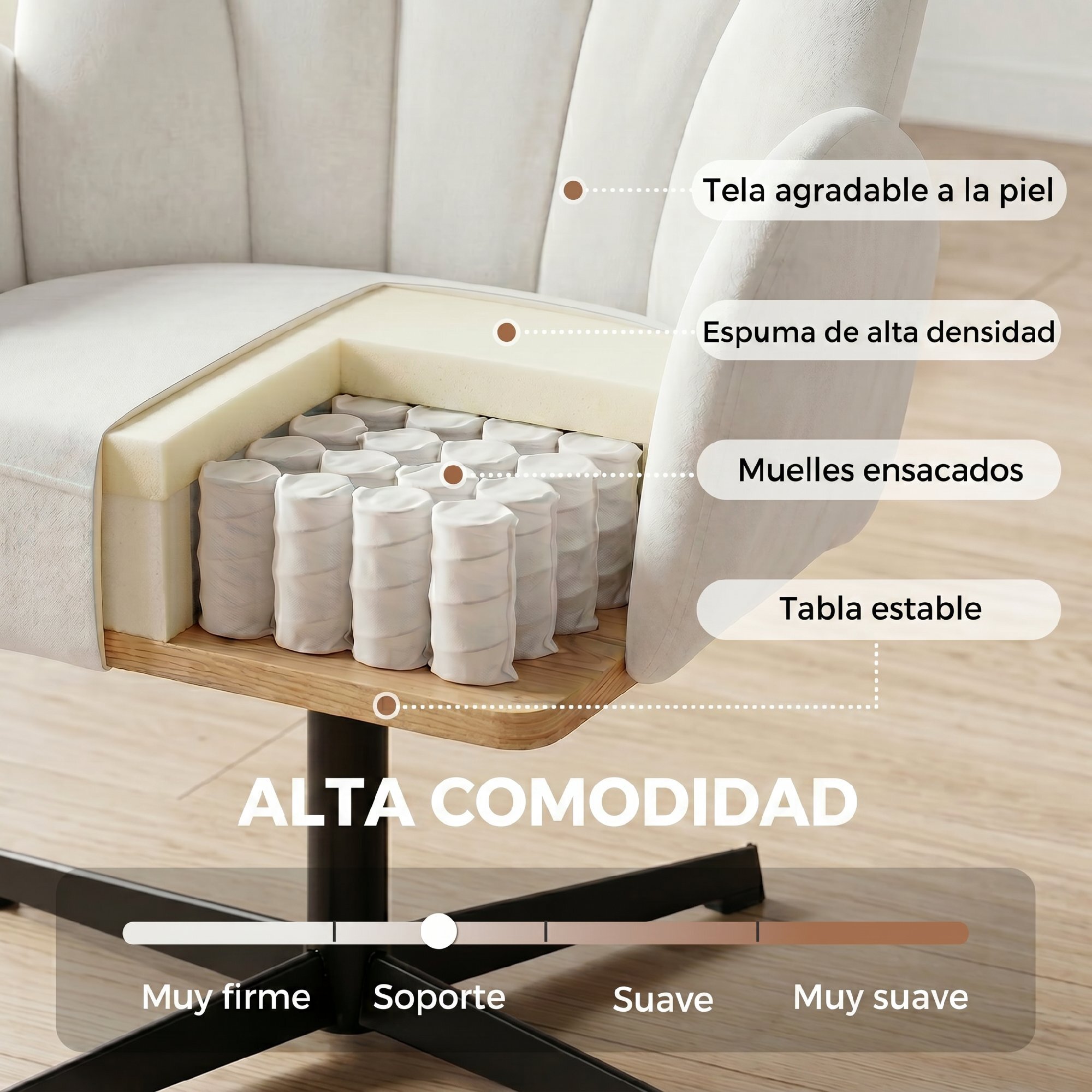 Sillón de Salón Giratorio, Butaca de Salón Tapizada en Terciopelo con Respaldo en Forma de Concha, Cojín con Resortes, Base Cruzada, Sillón de Relax para Dormitorio, Oficina, Estudio, Crema