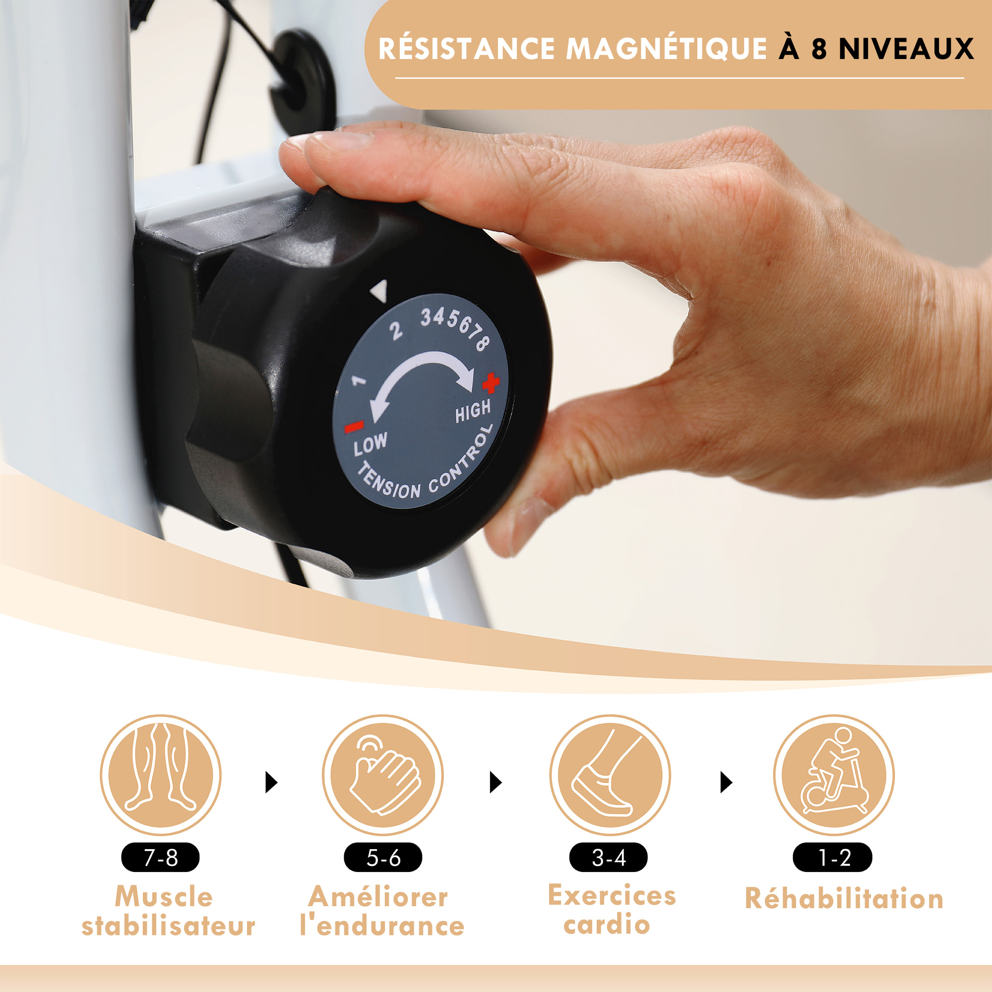 Vélo d'appartement pliant, vélo fitness silencieux vélo d'intérieur avec résistance magnétique à 8 niveaux, capteur de fréquence cardiaque, siège réglable, écran LCD et roulettes, blanc