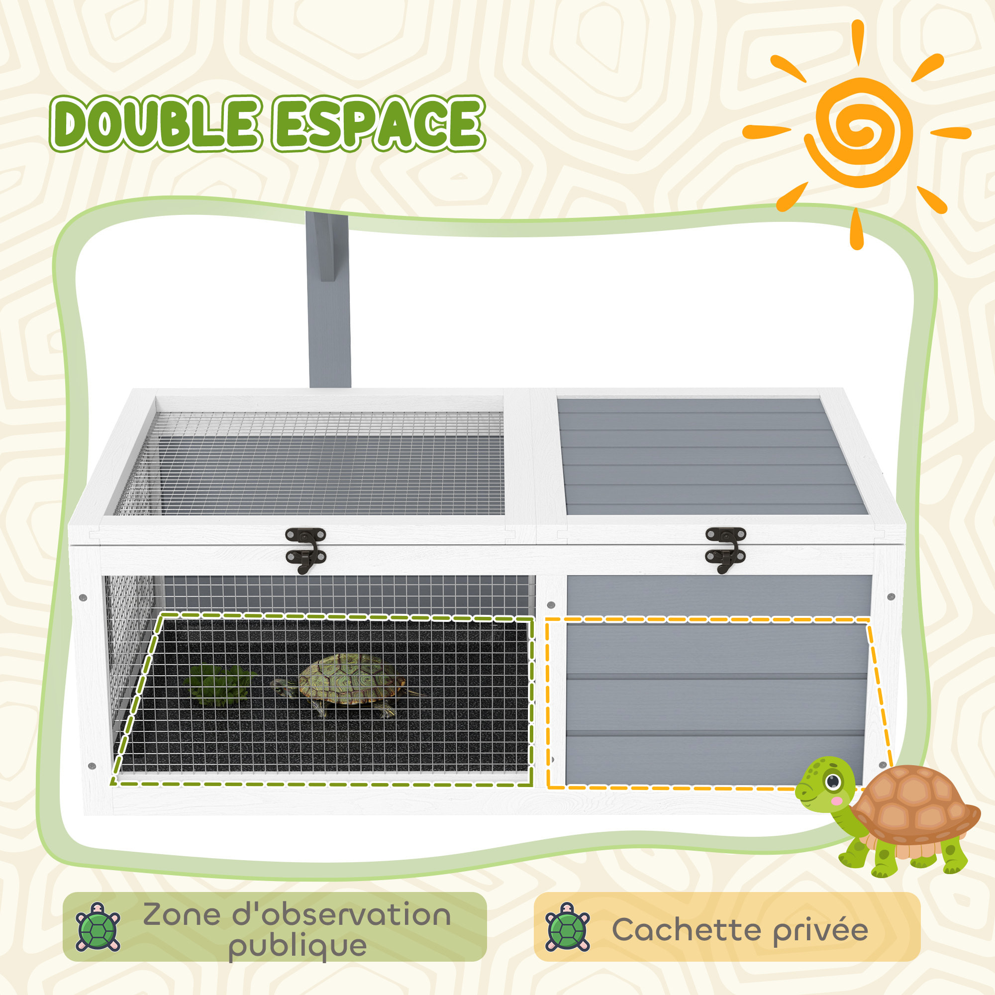 Enclos tortue - maison tortue terrestre exterieur - support de lampe, 2 plateaux coulissants - dim. 81L x 48l x 31H cm - bois gris clair