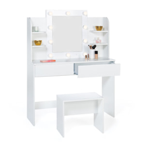 Coiffeuse Zita blanche double étagères, miroir LED et tabouret