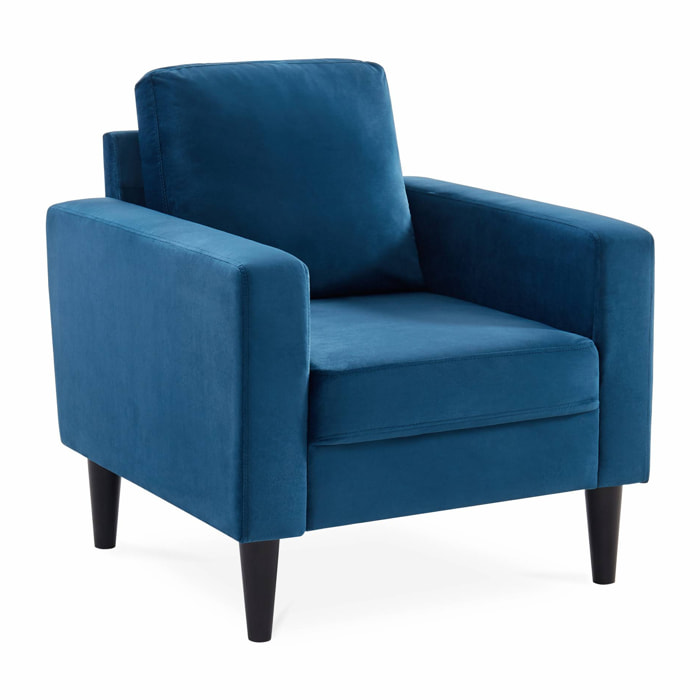 Fauteuil scandinave en velours bleu - Bjorn - Canapé 1 place fixe droit pieds bois