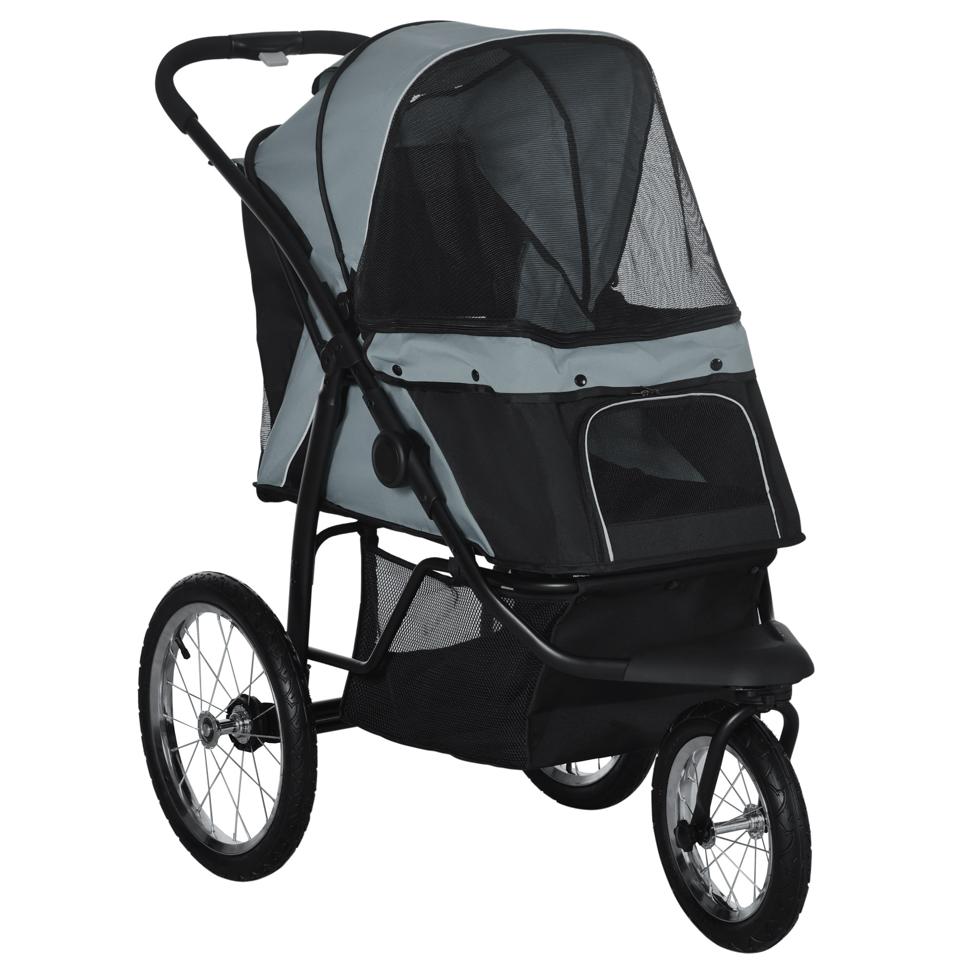 PawHut Carrito para Perros Plegable Cochecito para Mascotas Carrito para Perros Medianos Pequeños con Cesta de Almacenaje Capota Ajustable Ventana de Malla y 3 Ruedas Grandes 111x58x107 cm Gris