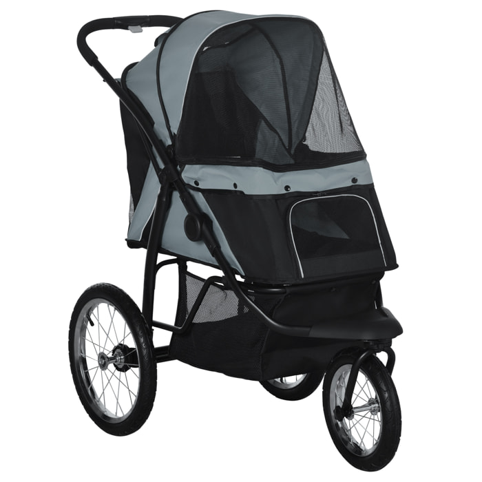 PawHut Carrito para Perros Plegable Cochecito para Mascotas Carrito para Perros Medianos Pequeños con Cesta de Almacenaje Capota Ajustable Ventana de Malla y 3 Ruedas Grandes 111x58x107 cm Gris