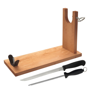 Well home jamonero de madera con herraje en v, pincho y ficjación pezuña + set de cuchillo jamonero (25cm) y chaira (21cm) acero inoxidable alta cali