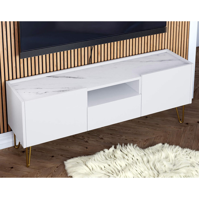 Cali - meuble TV - effet marbre - 144 cm - Blanc / Doré
