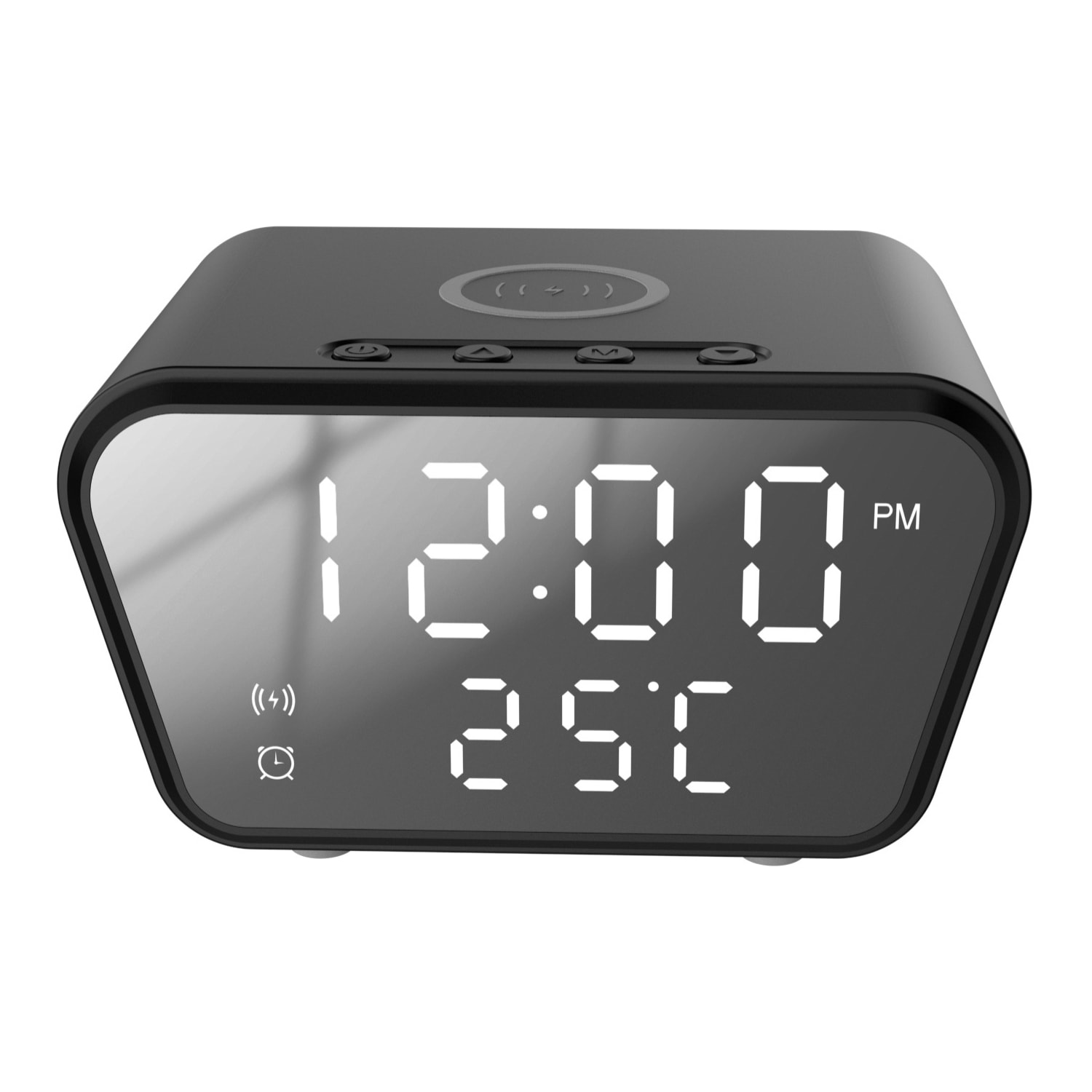 Sveglia digitale con caricabatterie Qi integrato da 15W. Con data, ora, temperatura.