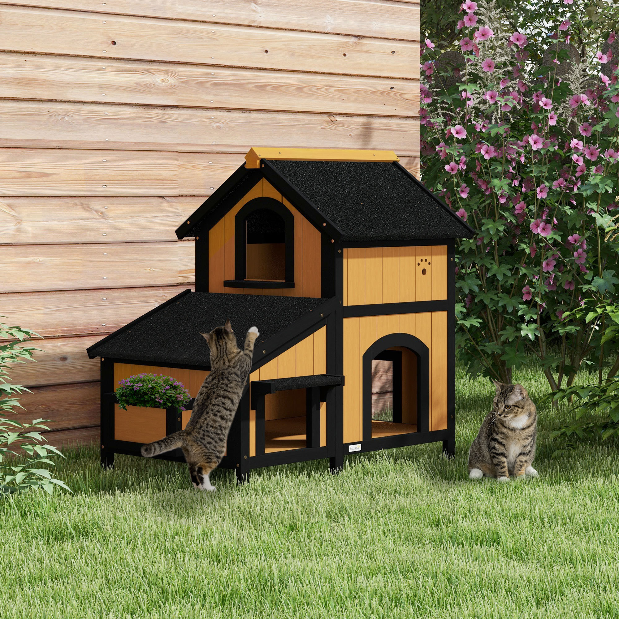 PawHut Casa para Gatos de Madera con Macetero 96x65x85,5 cm Caseta para Gatos de 2 Niveles Refugio para Gatos con Techo Asfáltico Ventana y Múltiples Entradas para Interior y Exterior Natural