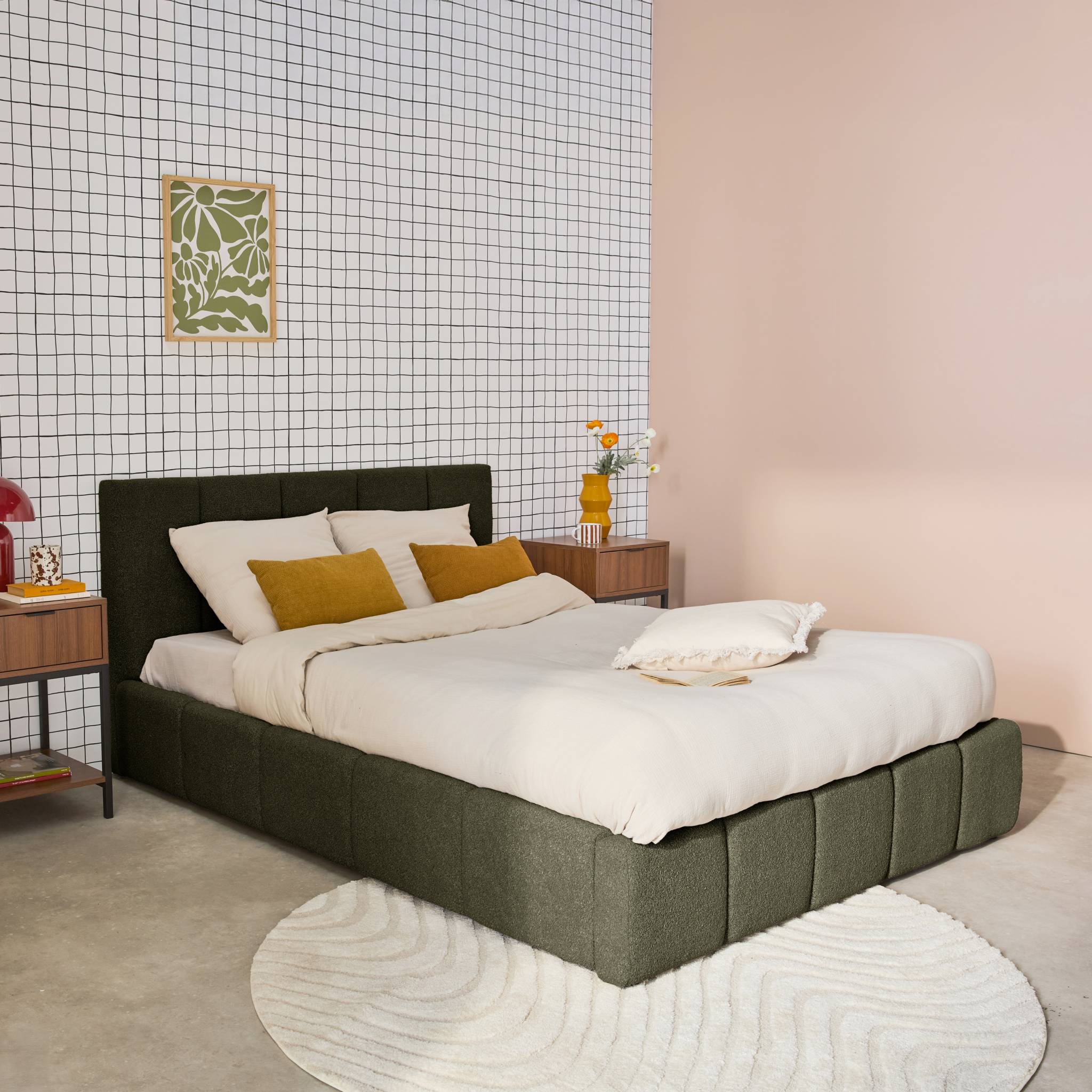 Lit coffre double avec sommier à lattes et tête de lit kaki finition bouclette texturée 140x190cm- Lex