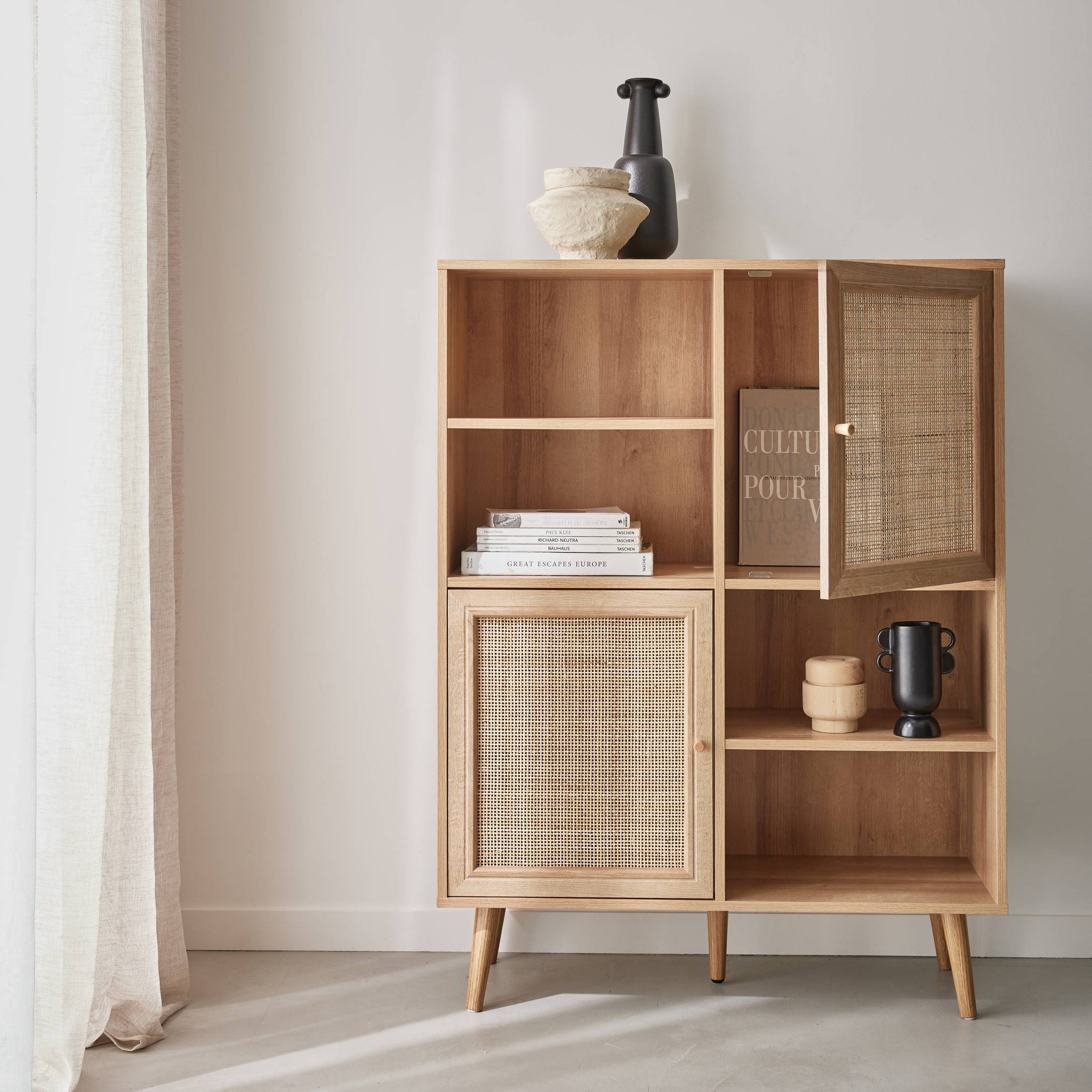 Buffet de rangement cannage et effet bois. buffet haut. vaisselier. 2 portes et 2 étagères style bohème 90cm