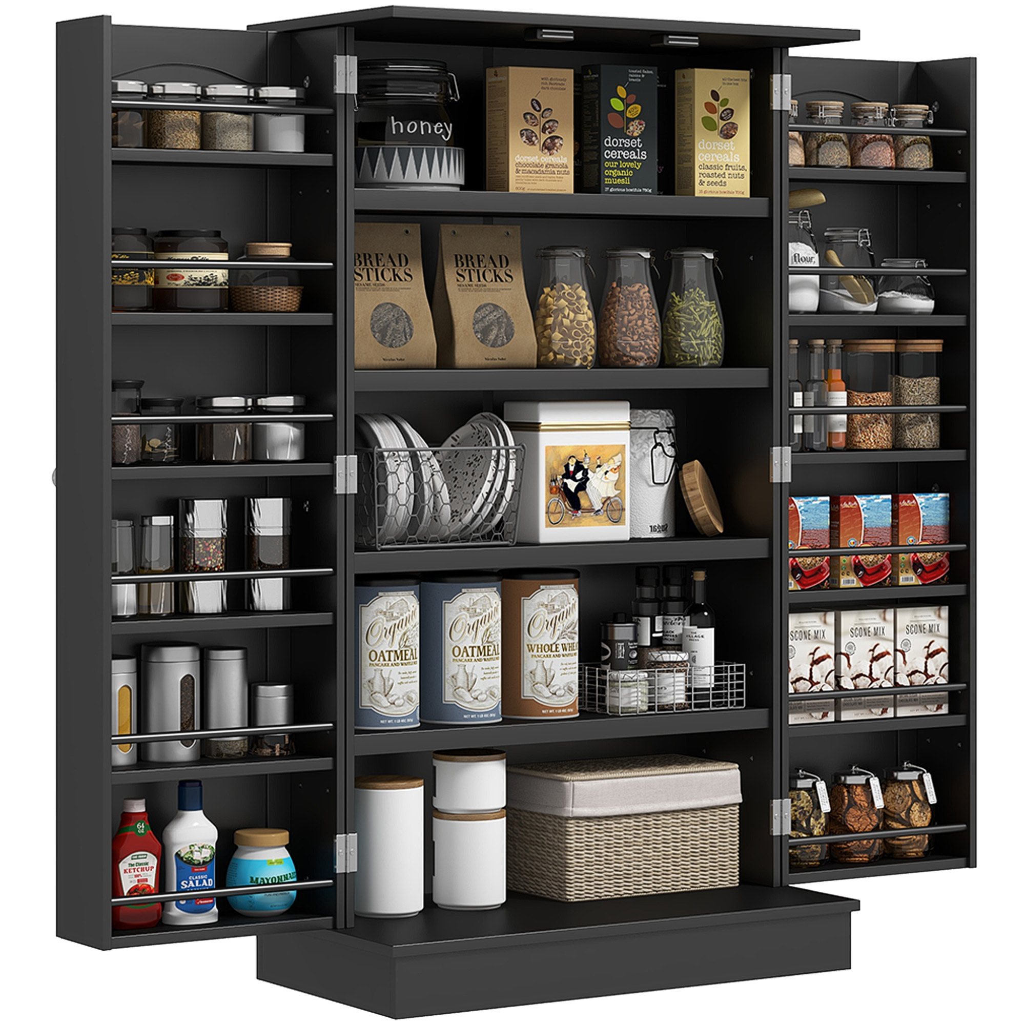 Armario de Cocina Armario Despensa Cocina con 2 Puertas y 16 Estantes Alacena Moderna con Estantes Ajustables para Comedor Salón 60x30x104 cm Negro