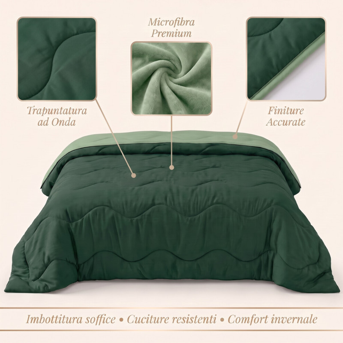 Trapunta invernale bicolor Made in Italy in microfibra di poliestere - Verde/Sottobosco