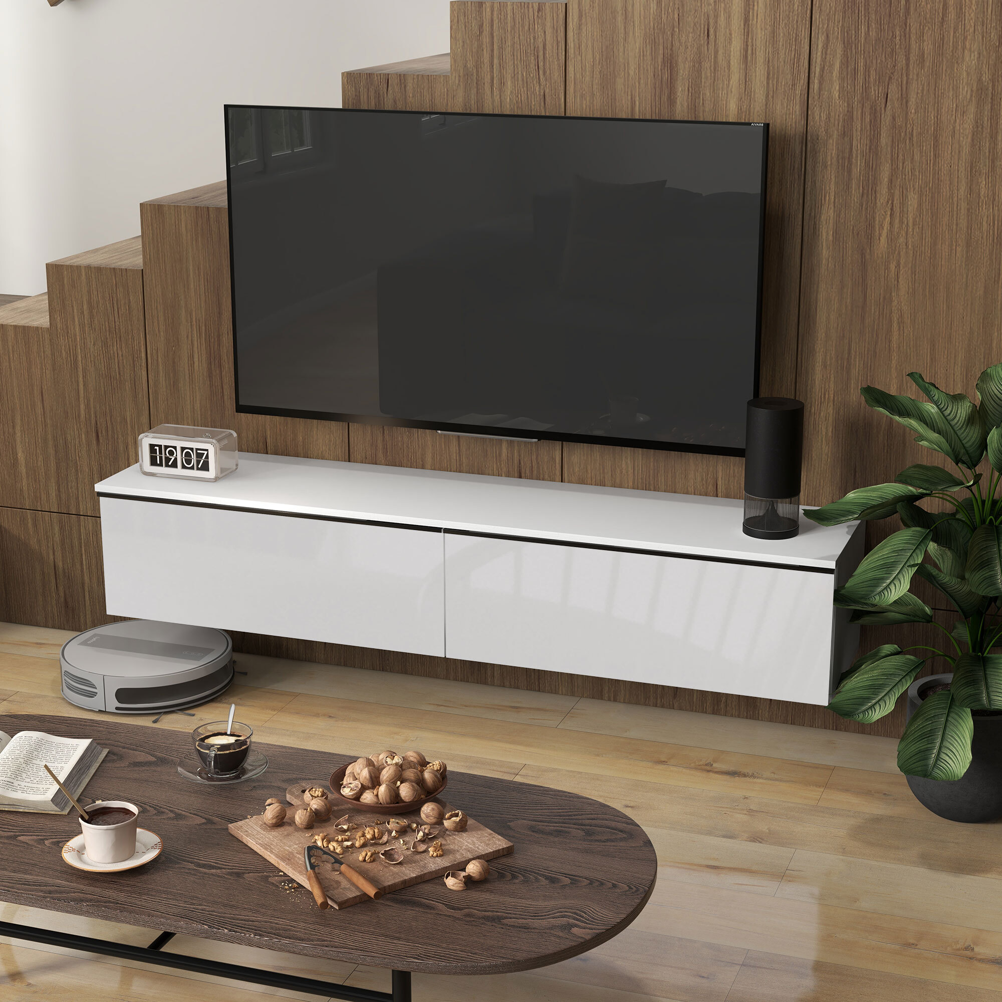 Meuble TV suspendu meuble TV flottant design façade blanc laqué 2 portes
