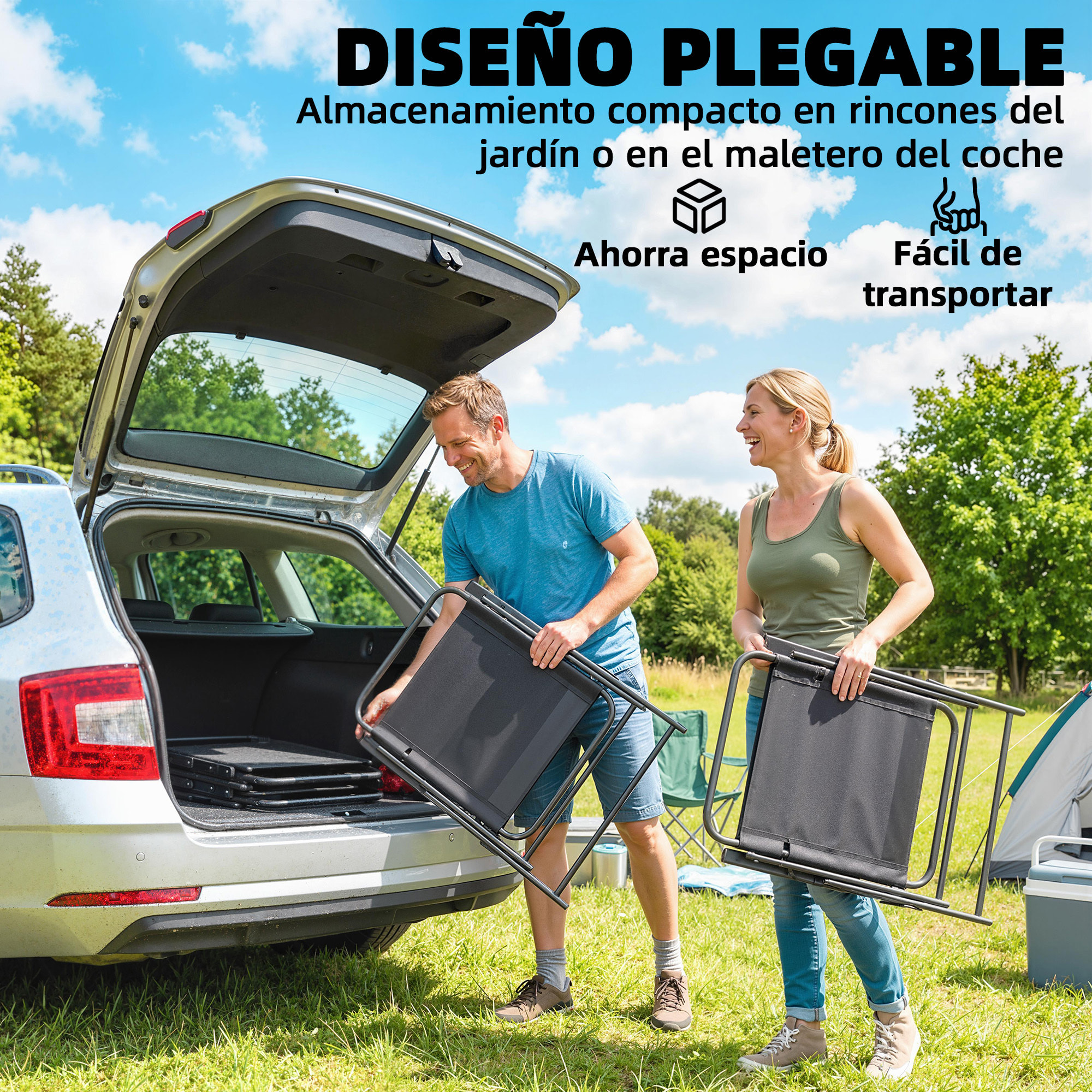 Pack de 4 Sillas de Camping Plegables, Sillas de Jardín Exterior con Respaldo Alto, Asiento Ancho y Reposabrazos, Tela Textilene Transpirable y Marco de Acero para Terraza, 65x60x94 cm, Negro