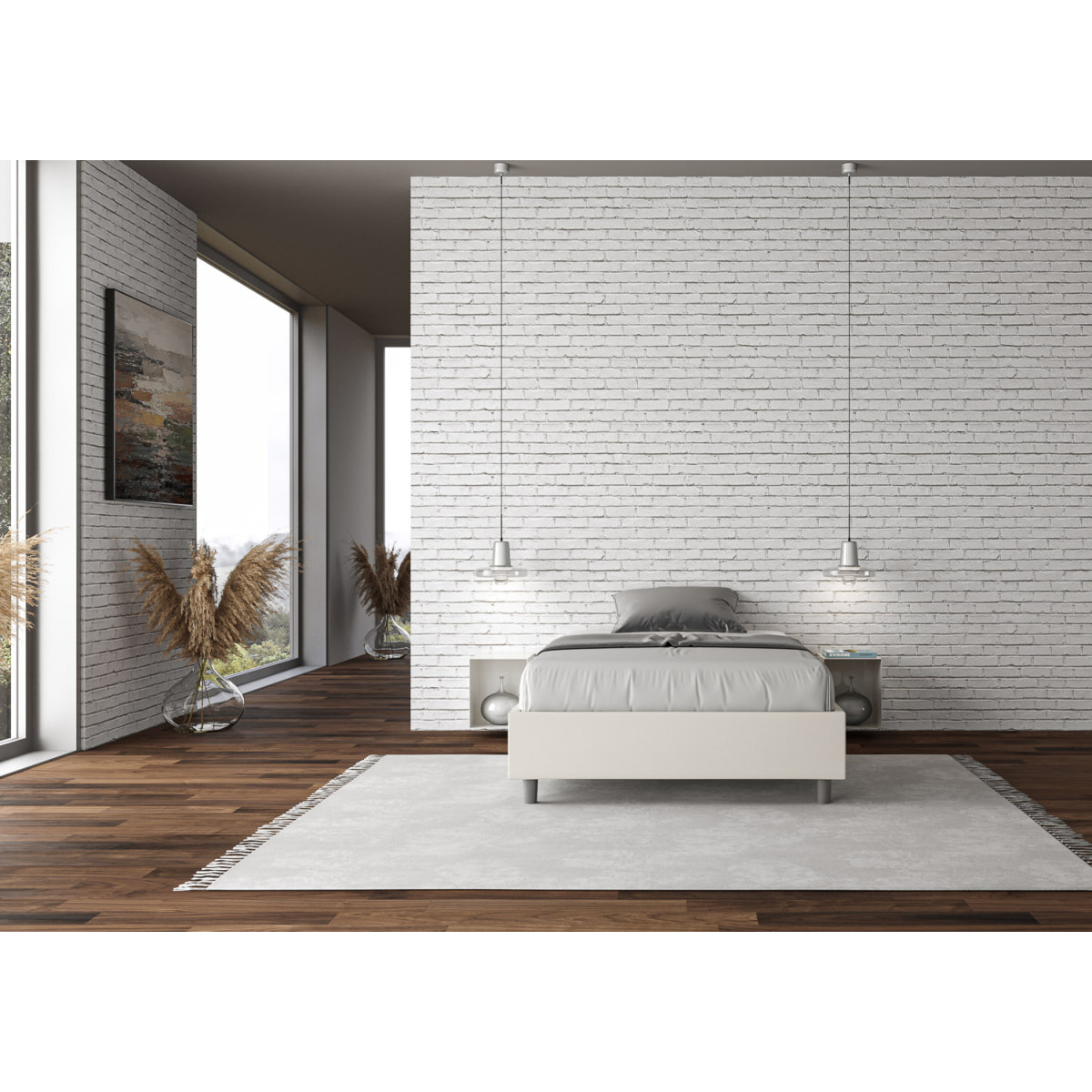 Letto una piazza e mezza con rete imbottito 120x190 similpelle bianco Azelia