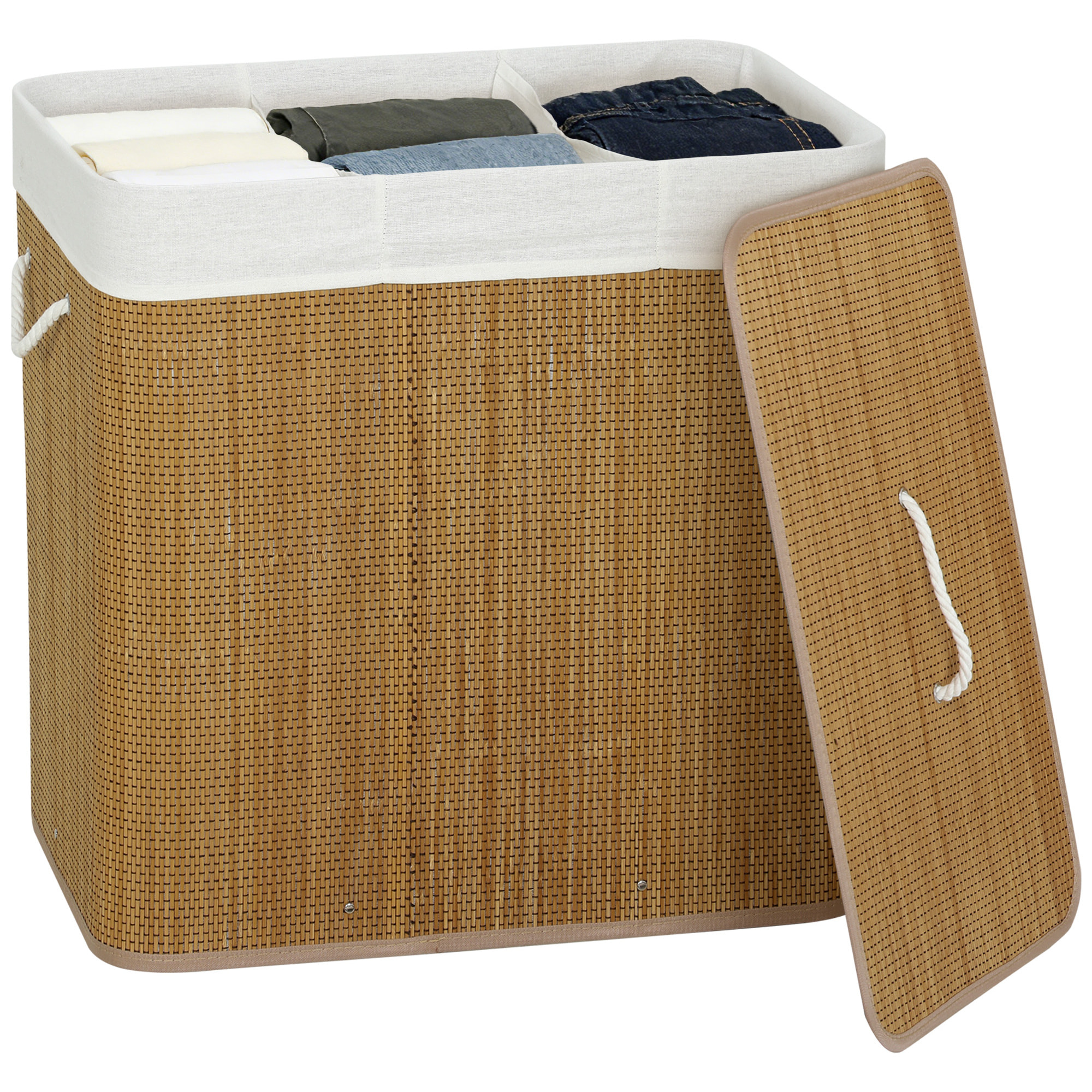 Cesto de Ropa Sucia con Tapa, 144L, Cesta Ropa Sucia de Bambú con 3 Compartimentos, Bolsa Interior Extraíble y Lavable, Asas, para Lavandería, Dormitorio, 60x40x60 cm, Marrón