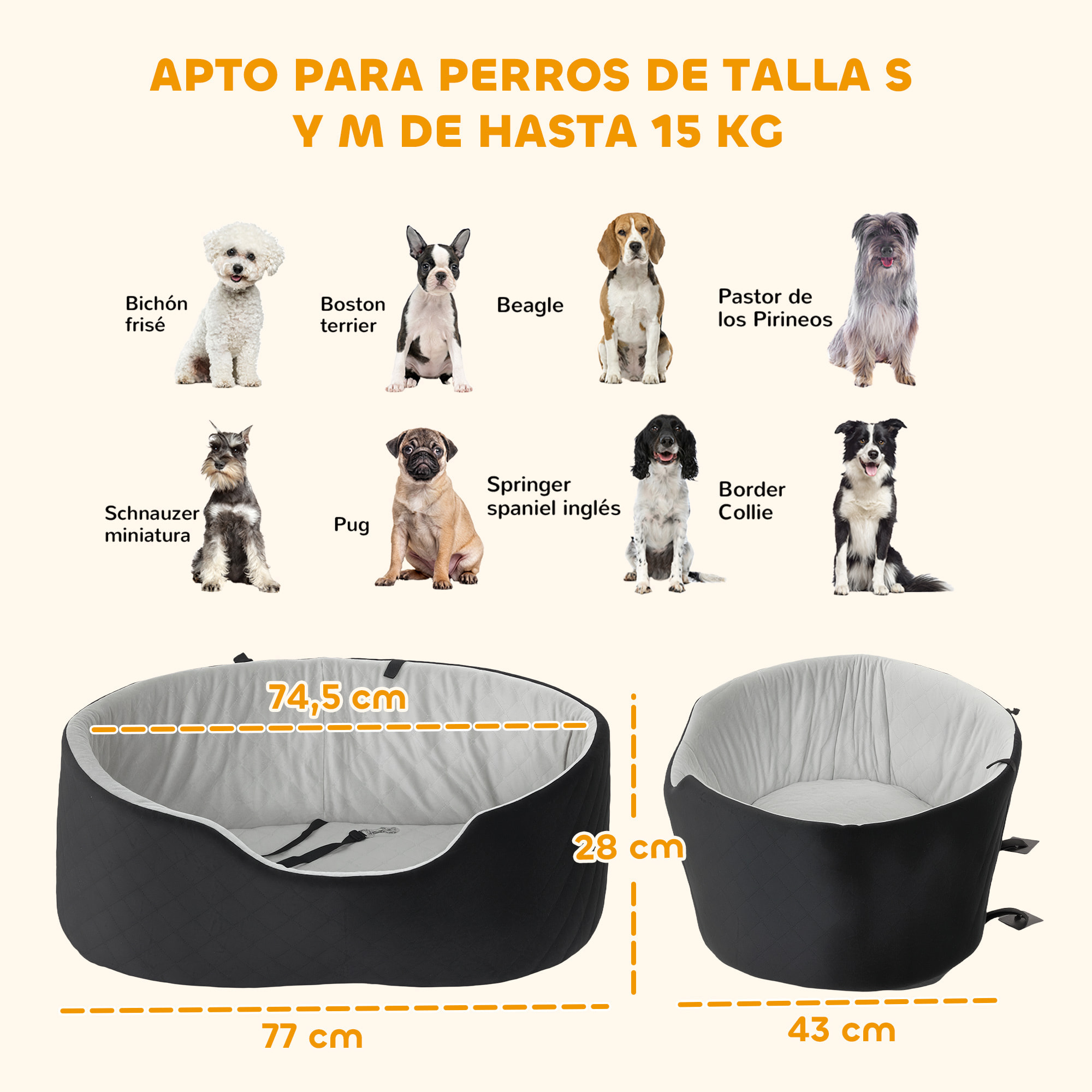 Asiento de Coche para Perros Pequeños y Medianos, Asiento de Coche para Mascotas de hasta 15 kg con Funda Extraíble y Lavable, Cama de Viaje con Cinturón de Seguridad y Base Antideslizante