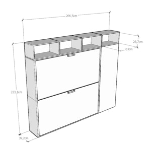 Armoire lit escamotable horizontal superposé 2 couchages 85 Kando avec matelas composition I Frêne Blanc