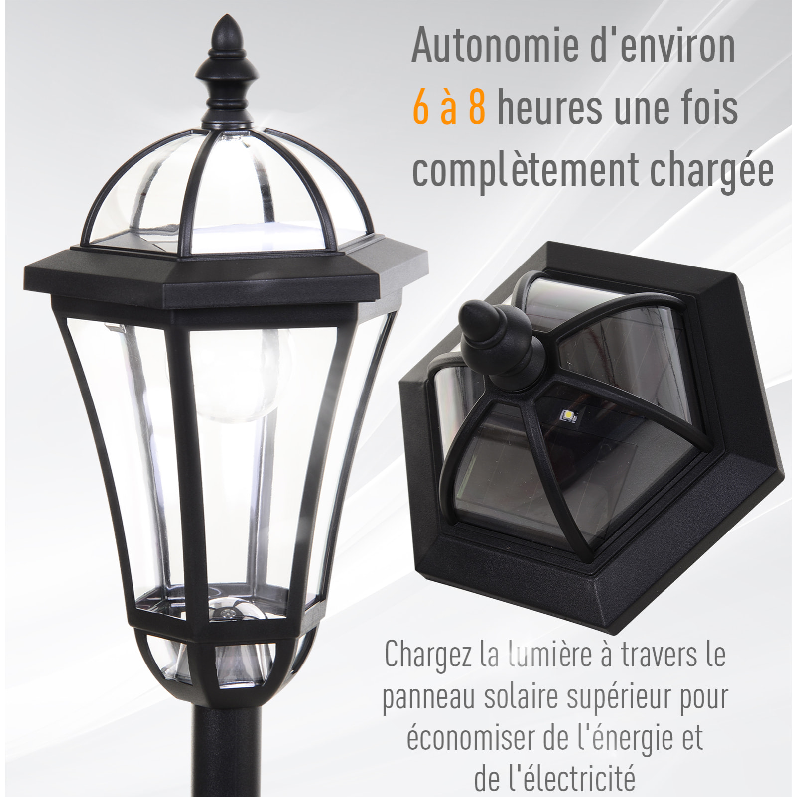 Lot de 2 luminaires extérieurs solaires lampadaires lanternes classiques LED 15 Lm Ø 18,5 x 129H cm noir