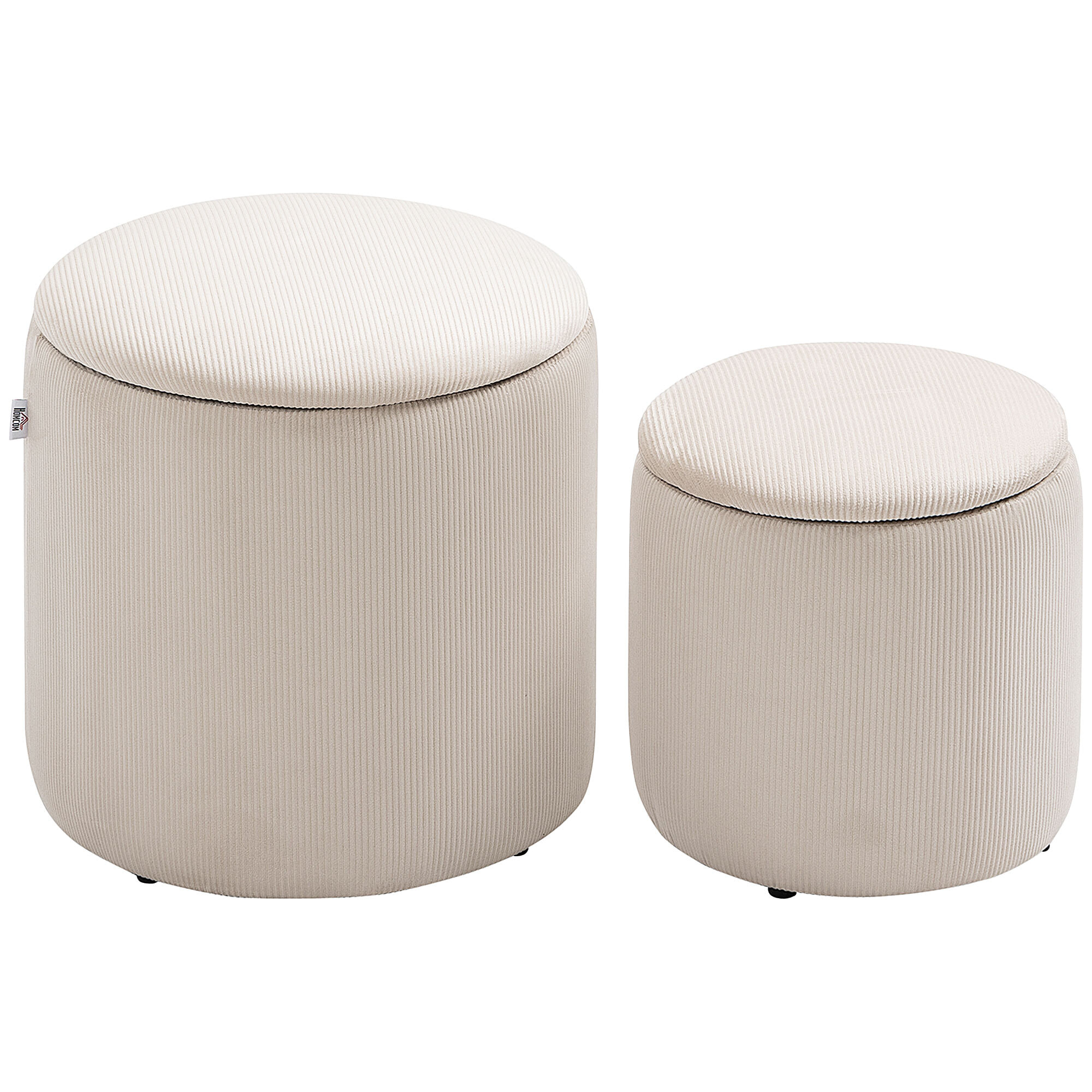 Lot de 2 poufs velours cotelé - poufs coffres 2 en 1 - poufs emboitables - Ø 40 et 30 cm - tissu crème