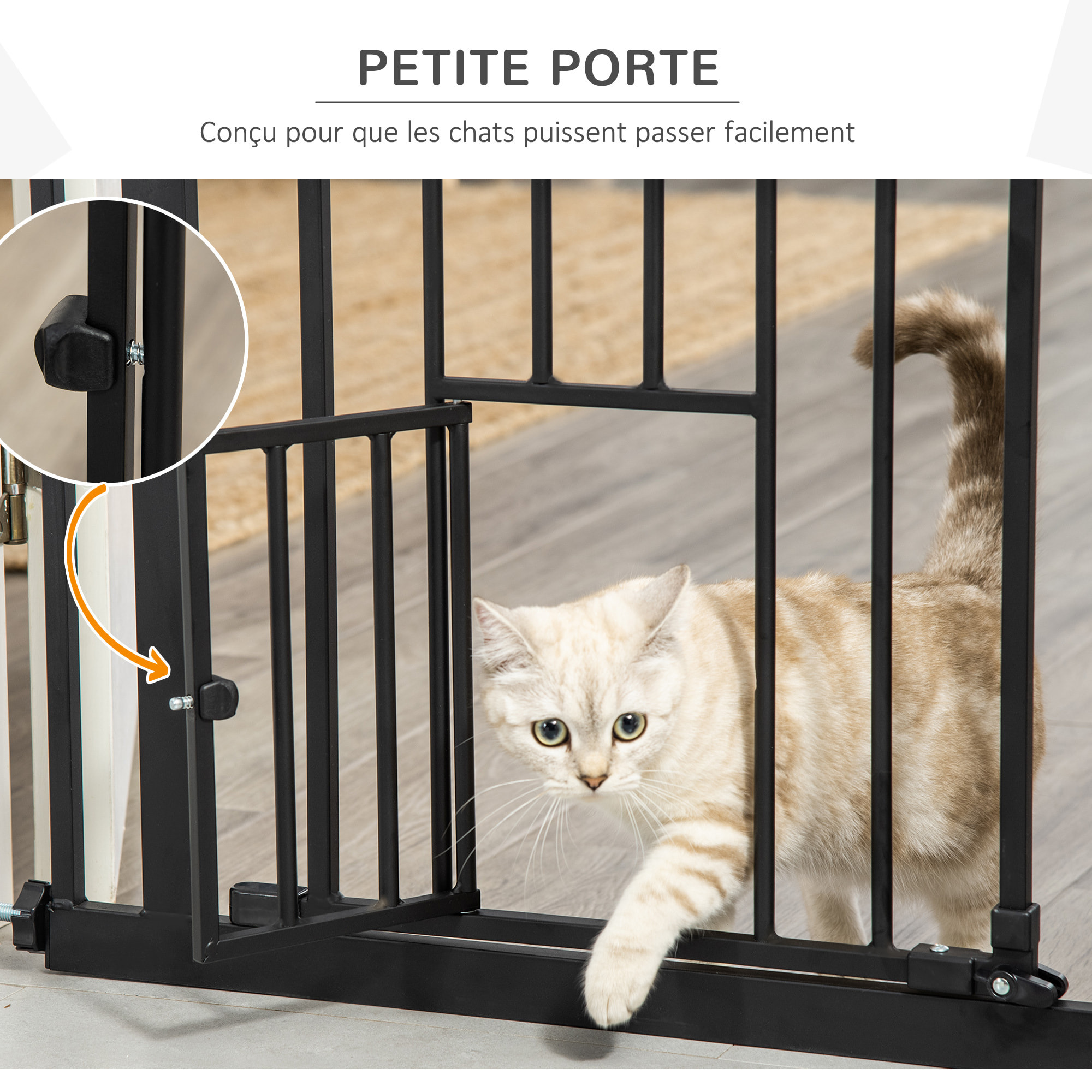 Barrière de sécurité animaux - longueur réglable dim. 74-80 cm - porte double verrouillage, ouverture double sens, petite porte -sans perçage - acier plastique noir