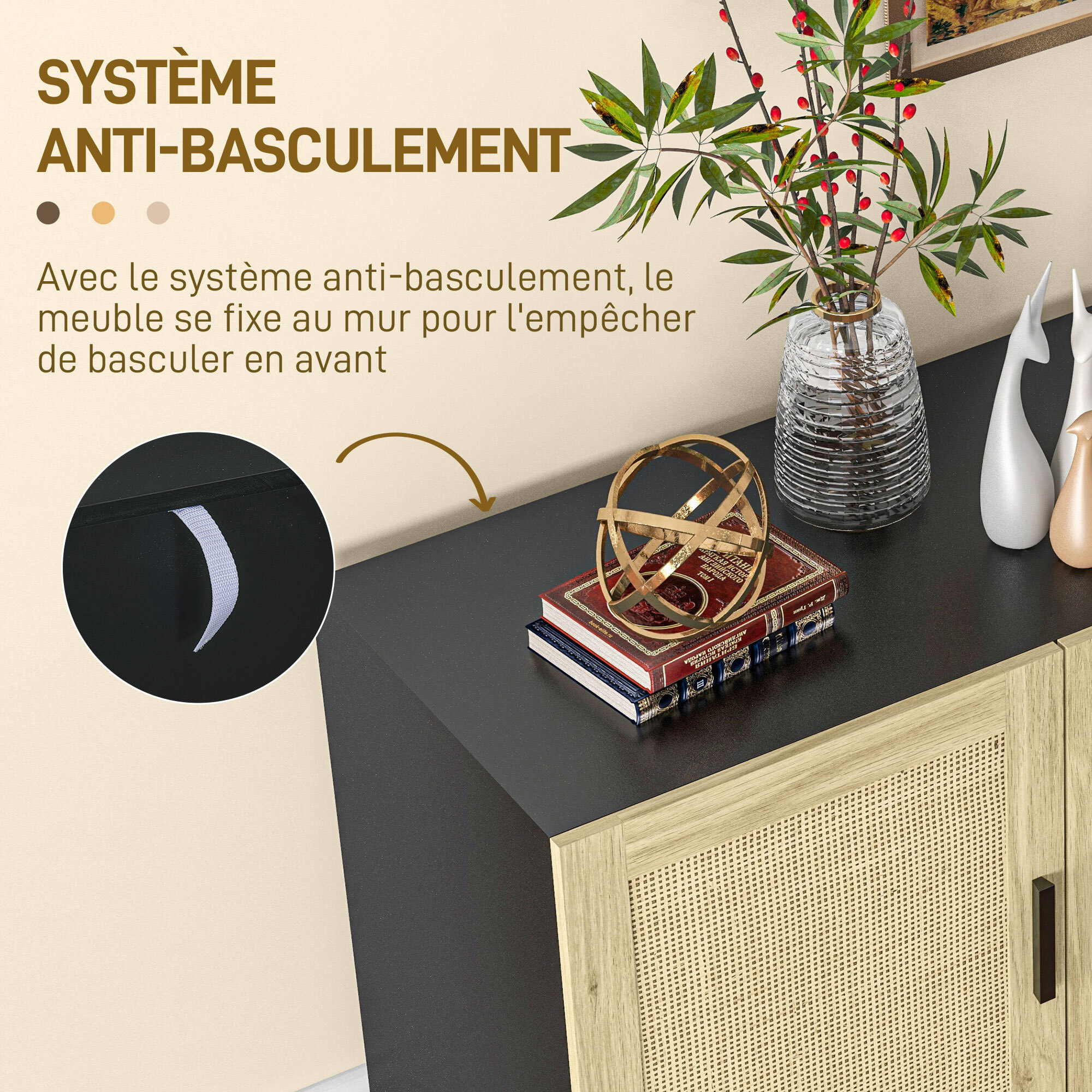 Buffet 3 portes style bohème chic cannage en rotin panneaux aspect bois clair noir