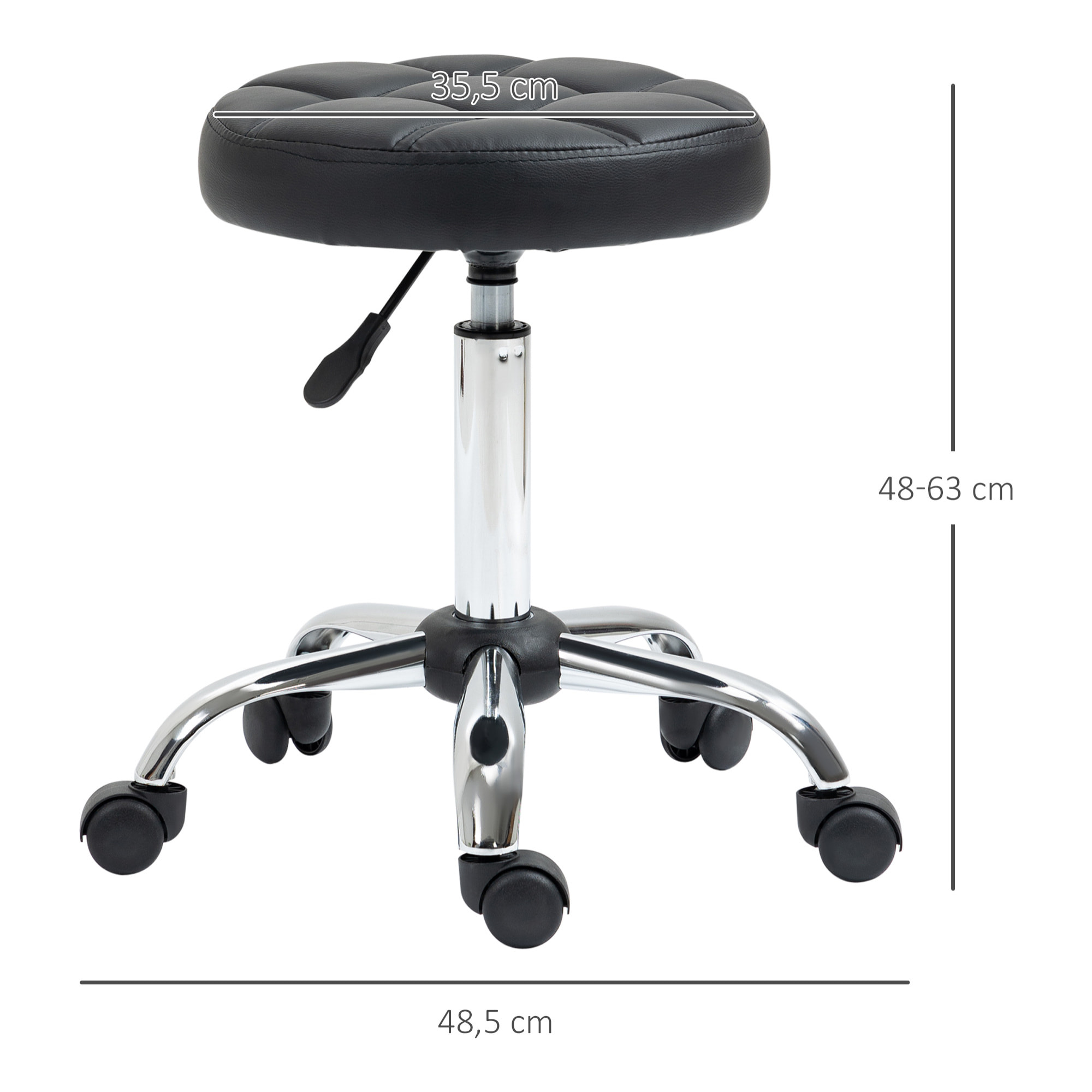 Taburete Giratorio con Ruedas Regulable en Altura de 48-63 cm Taburete de Trabajo Tapizado en Cuero PU para Peluquería Cosmética Dentista Diámetro Ø35,5 cm Negro
