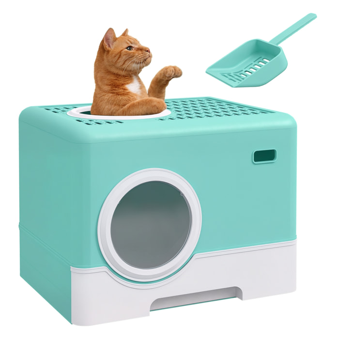 Arenero para Gatos Inodoro para Mascotas con Pala Bandeja Extraíble 2 Puertas Entrada Principal y Salida Superior 52x41x38,5 cm Verde