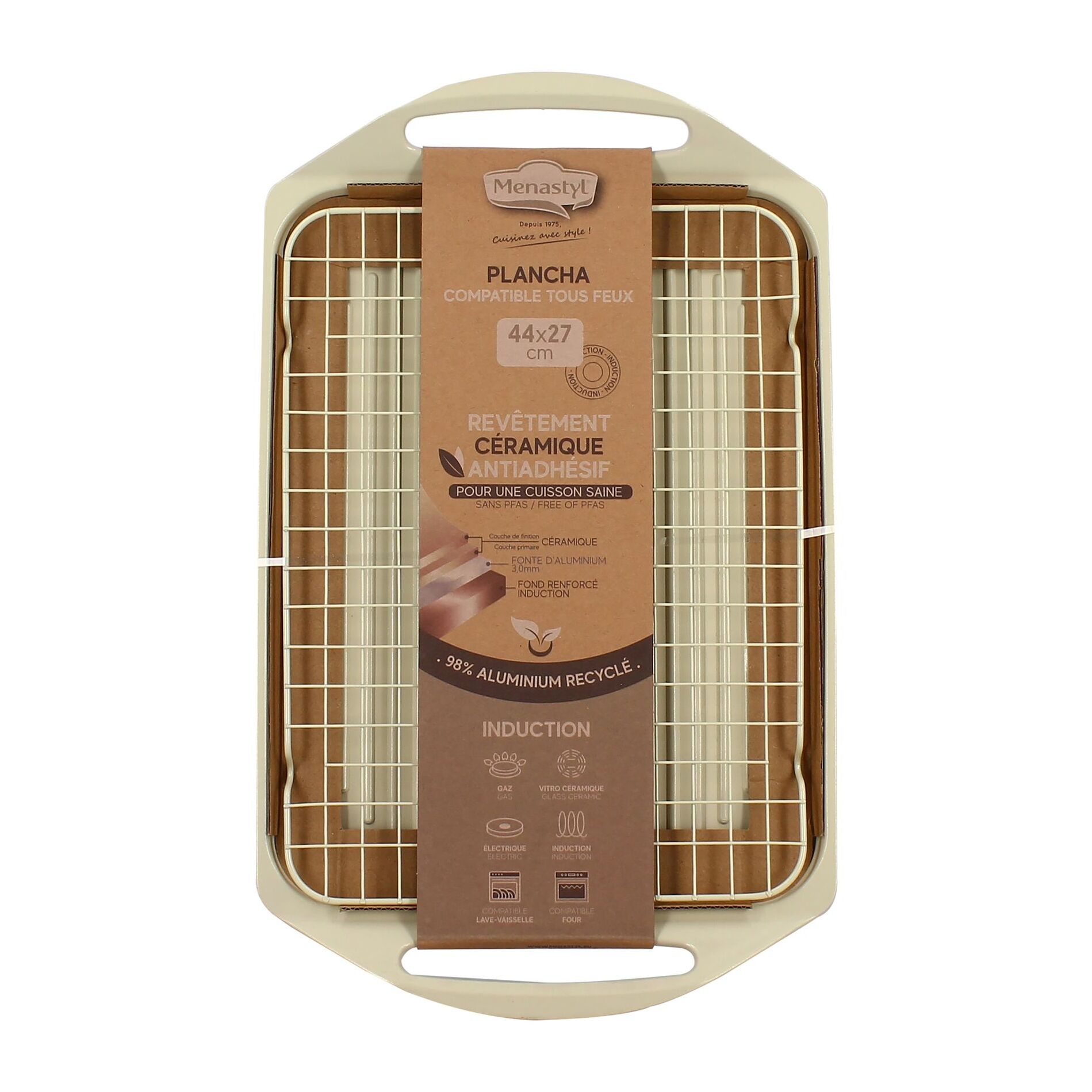 Plaque cuisson 44x27cm en fonte aluminium crème induction avec grille