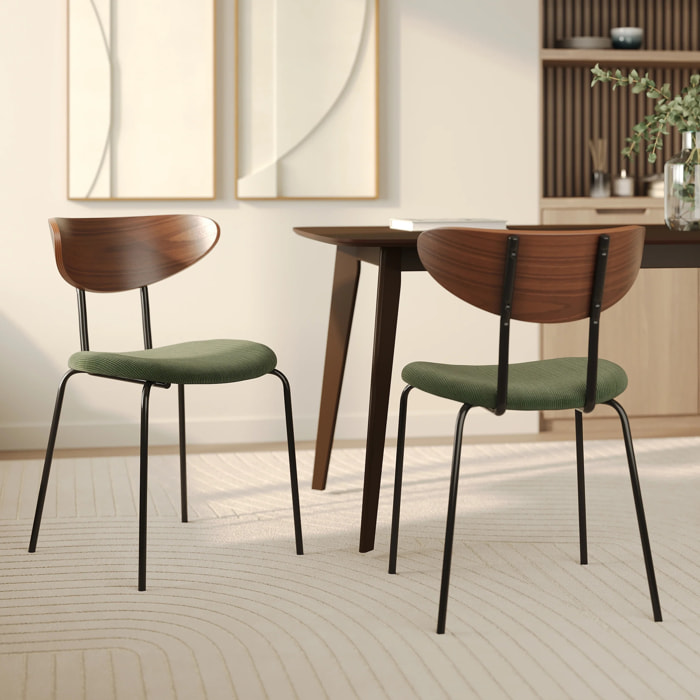 Lot de 2 chaises en velours côtelé vert kaki et dossier en noyer - Jade
