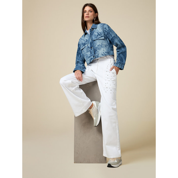 Oltre - Pantalón modelo palazzo con engastes - Blanco