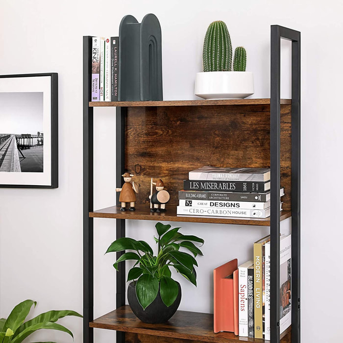 Libreria a 5 ripiani stile industriale rustico in legno e acciaio nero