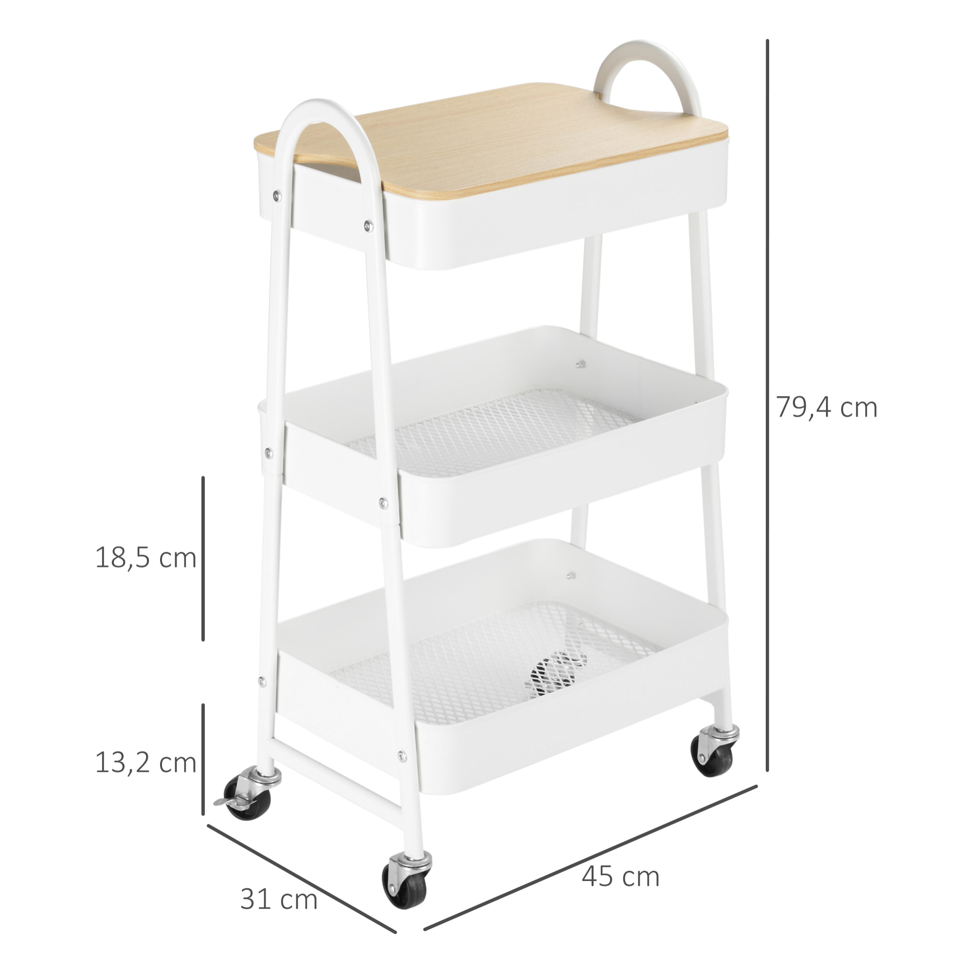 Carrito Auxiliar con Ruedas de 3 Niveles, Carrito de Cocina con 3 Cestas de Acero y 1 Placa de Cubierta, para Comedor, Sala Baño, 45x31x79,4 cm, Blanco